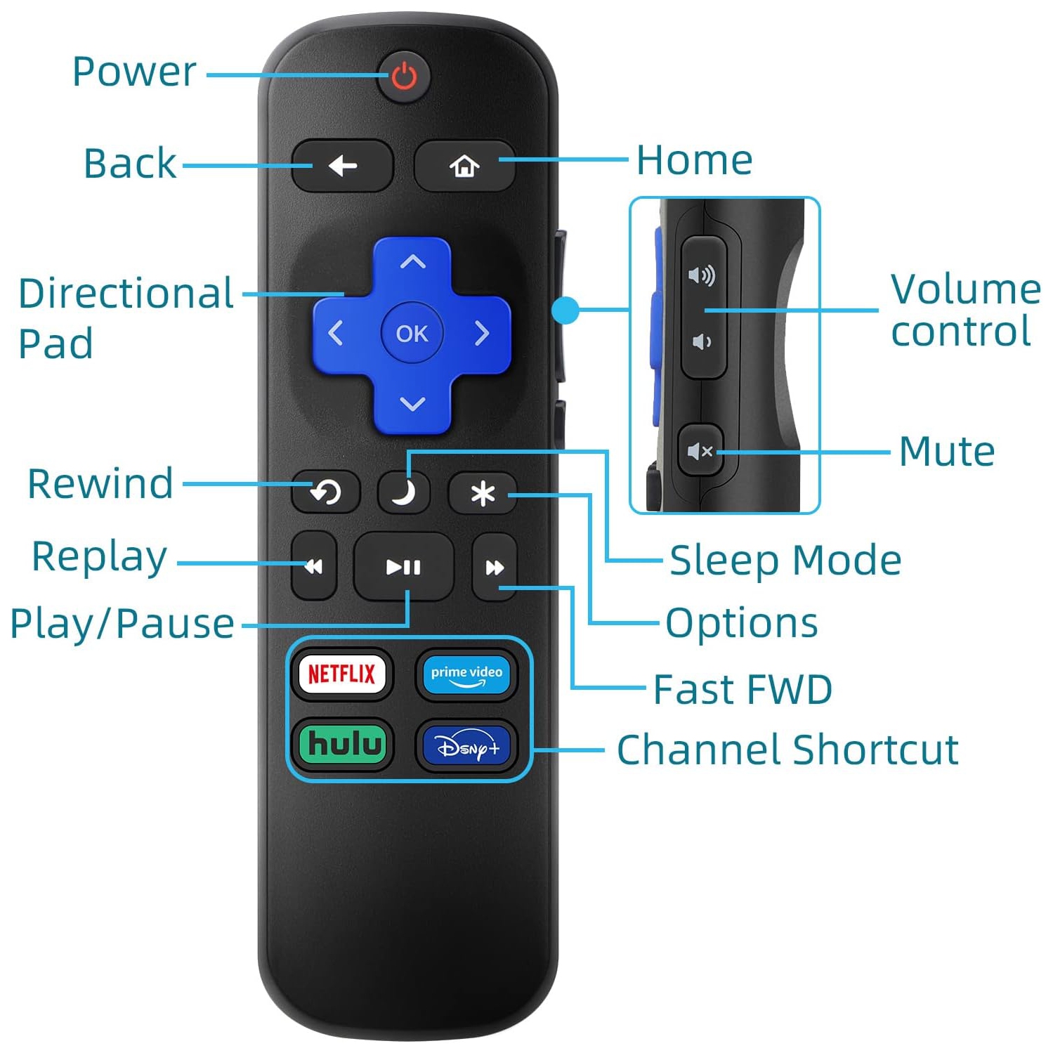 Télécommande de remplacement universelle compatible avec Roku TV pour téléviseurs Hisense/TCL/Philips/Sharp/JVC/RCA/Magnavox/Sanyo/LG/Haier Roku avec