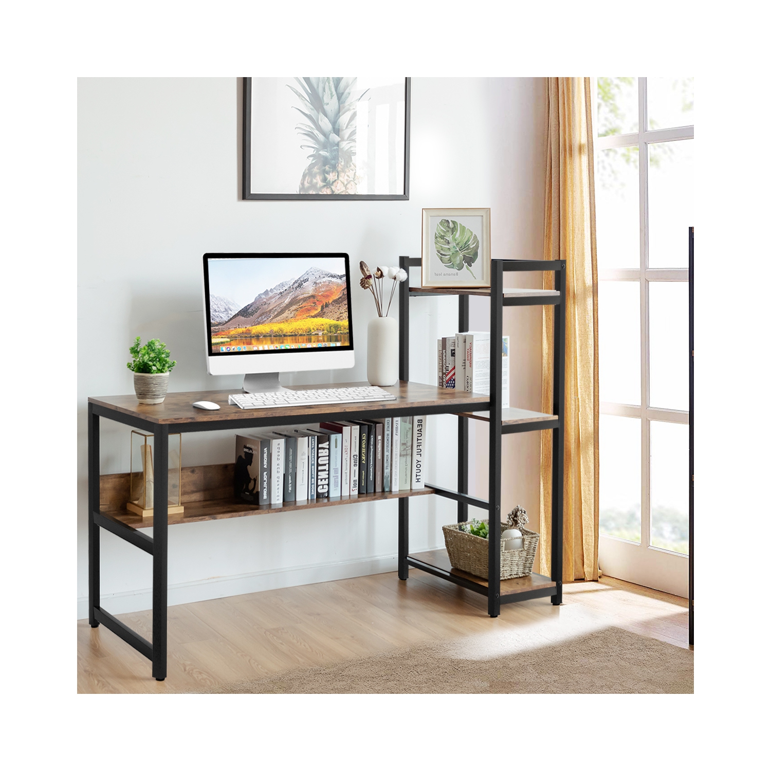 Topbuy Multifunctional Computer Desk with Storage Shelves Stable Writing Table for Home Office Black/Natural/Rustic Brown/Walnut