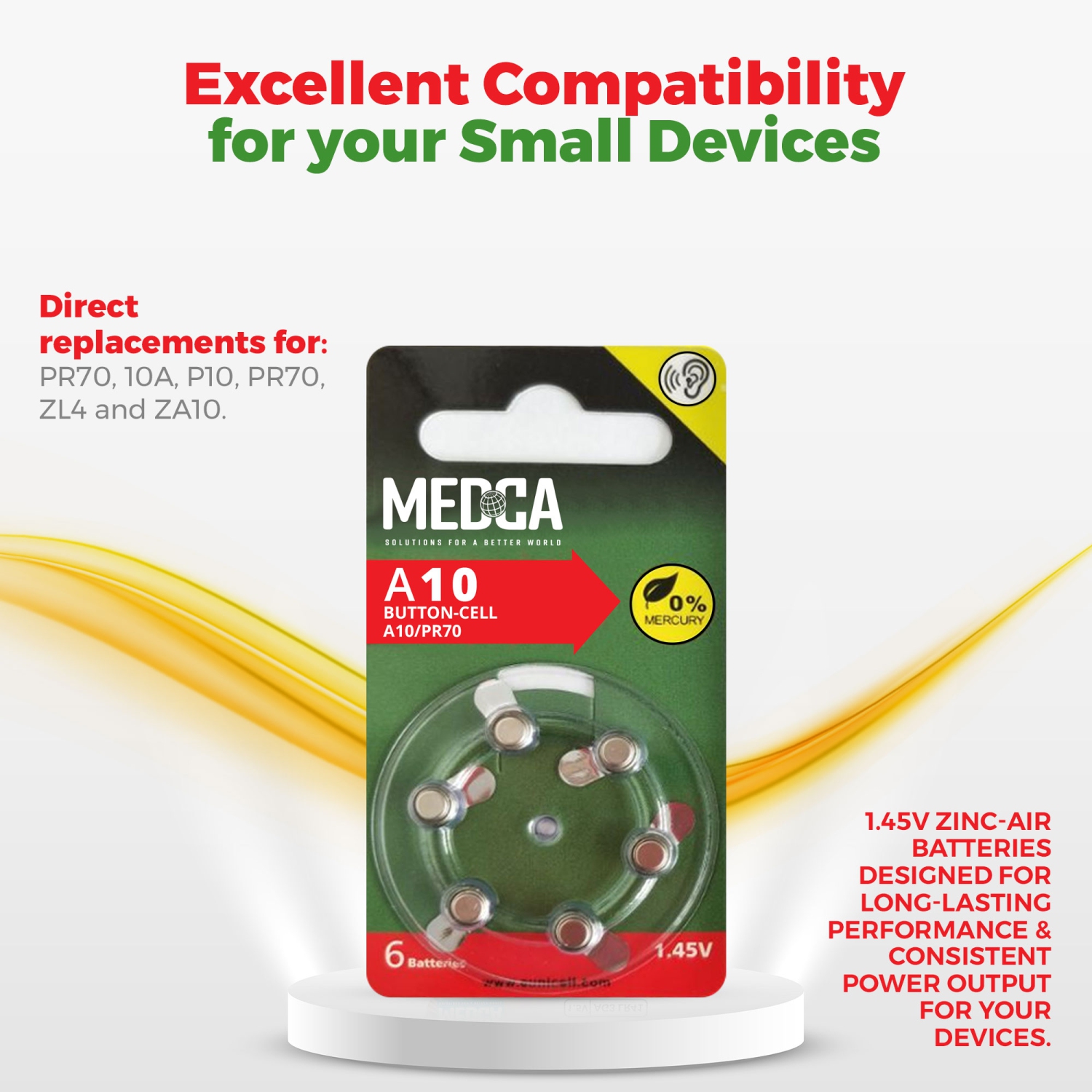 Piles bouton A10 de MEDCA – Paquet de 12 – Piles bouton 1,45&nbsp;V Zinc Air jaunes pour appareils auditifs et amplificateurs auditifs, 10, P10, PR70