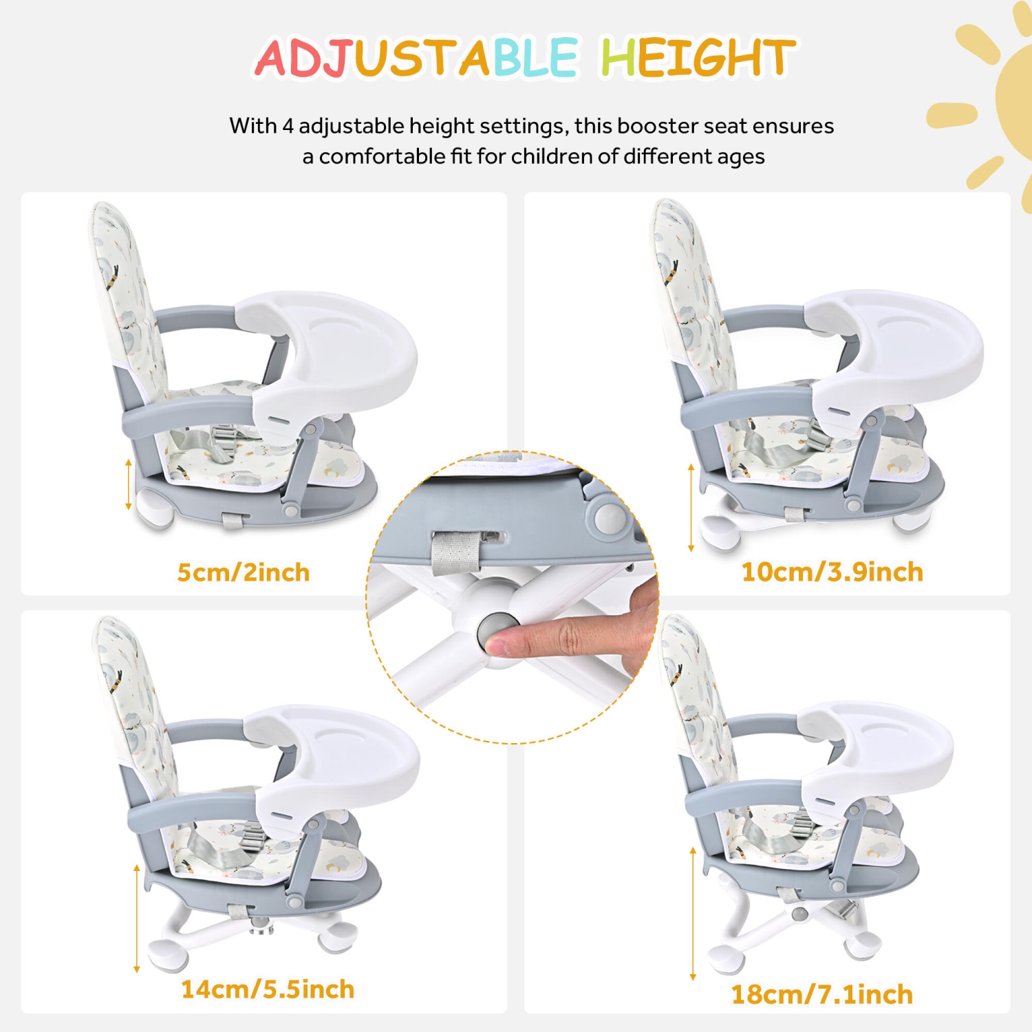Folding Toddler Booster Seat for Dining Table, Portable Baby Chair with 4 Adjustable Heights and 3-Point Harness, Travel Booster Seat for