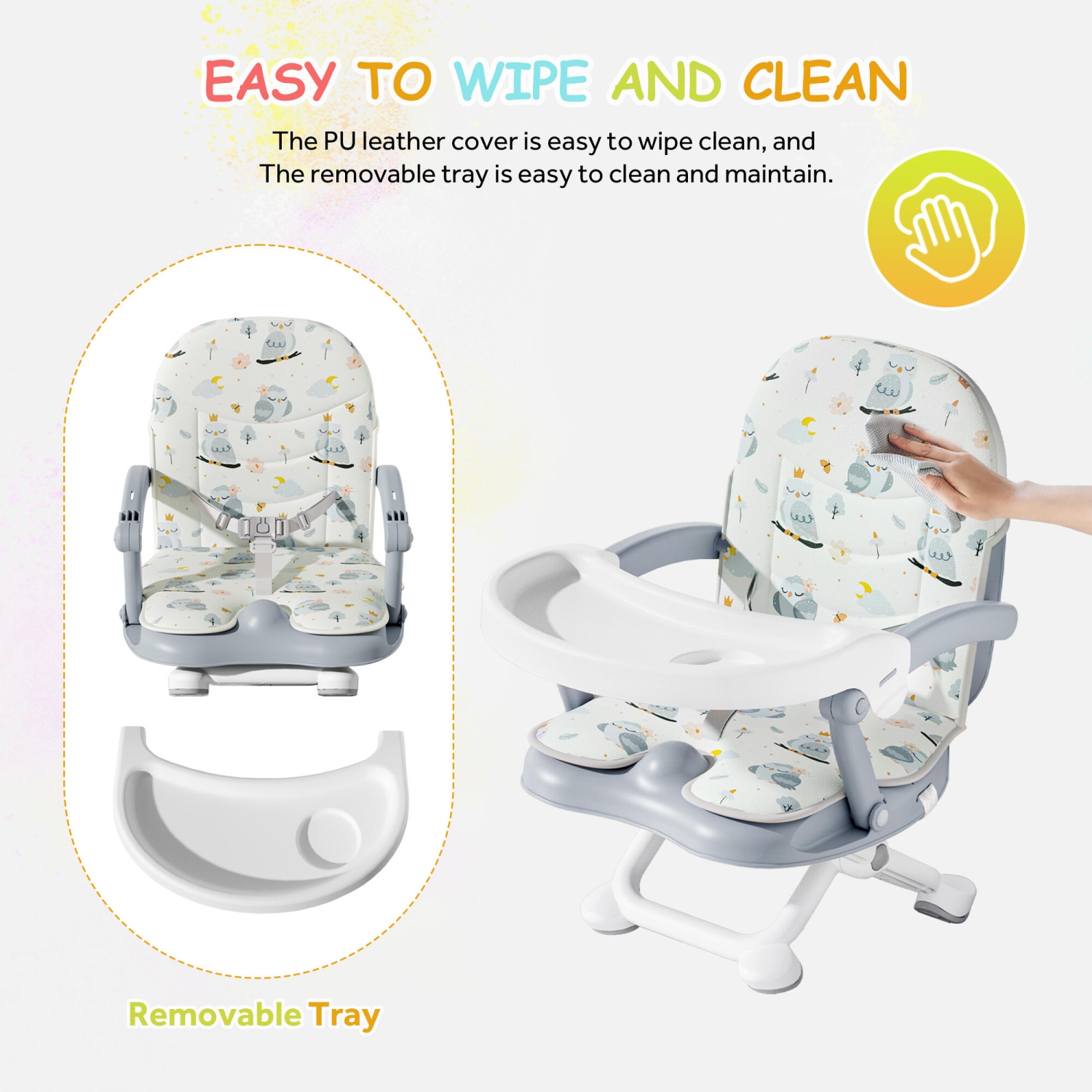 Folding Toddler Booster Seat for Dining Table, Portable Baby Chair with 4 Adjustable Heights and 3-Point Harness, Travel Booster Seat for