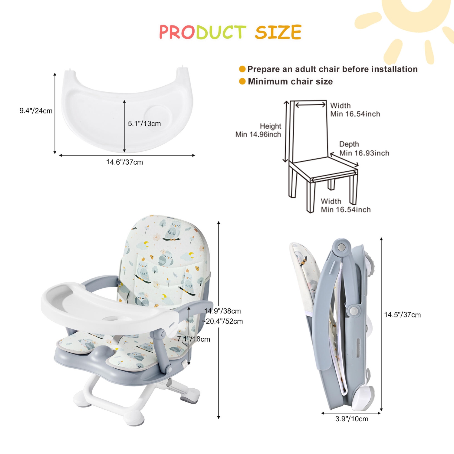 Folding Toddler Booster Seat for Dining Table, Portable Baby Chair with 4 Adjustable Heights and 3-Point Harness, Travel Booster Seat for