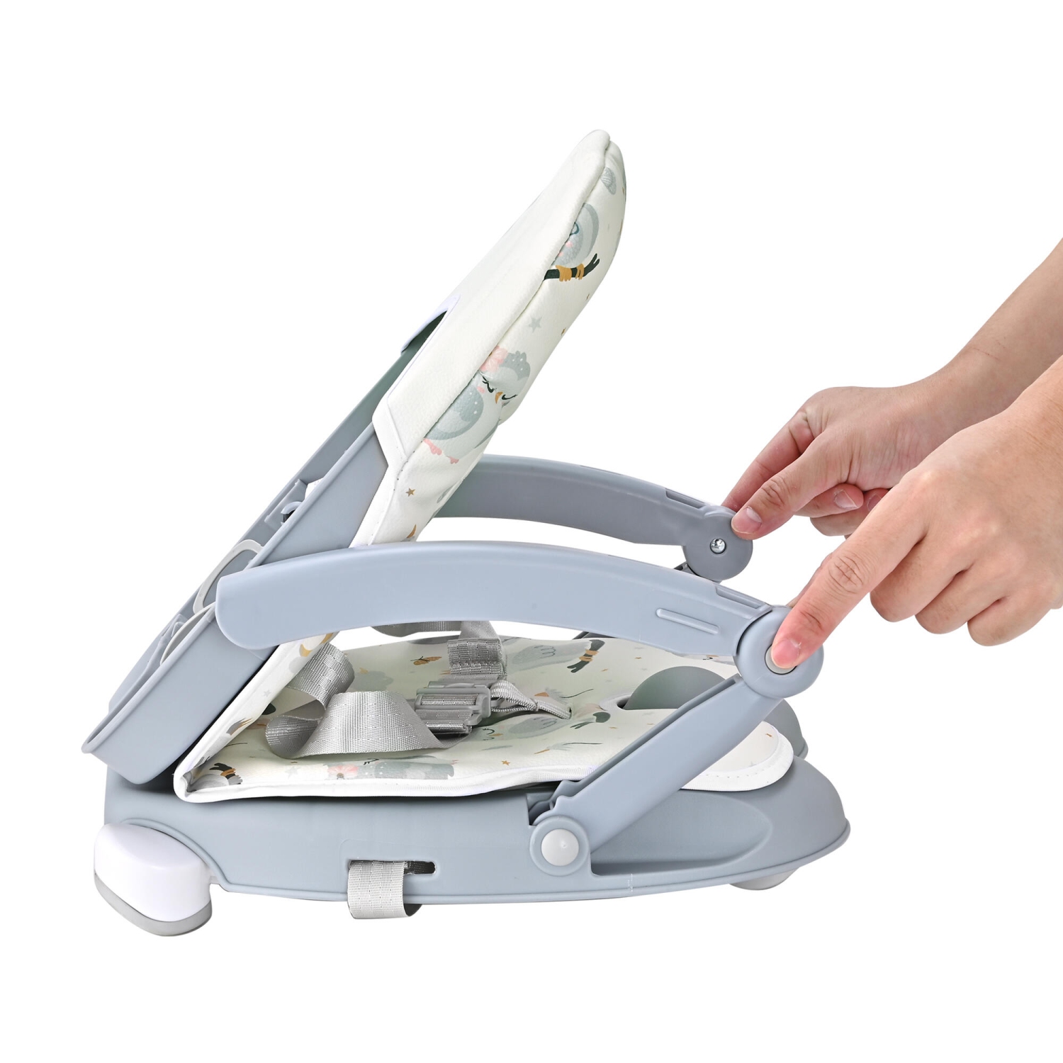 Folding Toddler Booster Seat for Dining Table, Portable Baby Chair with 4 Adjustable Heights and 3-Point Harness, Travel Booster Seat for