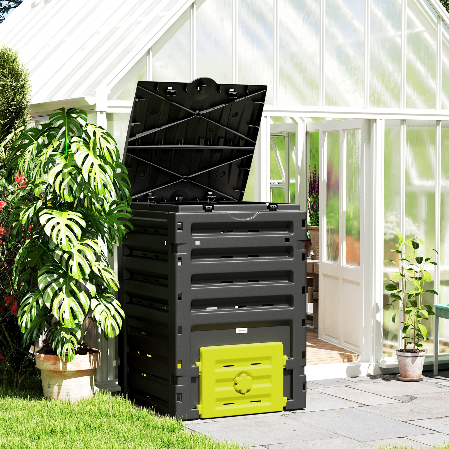 Outsunny Compost Bin, 120 Gallon Garden Composter with Gloves, 80 Vents and 2 Sliding Doors, Lightweight & Solid, Fast Creation of Fertile Soil,