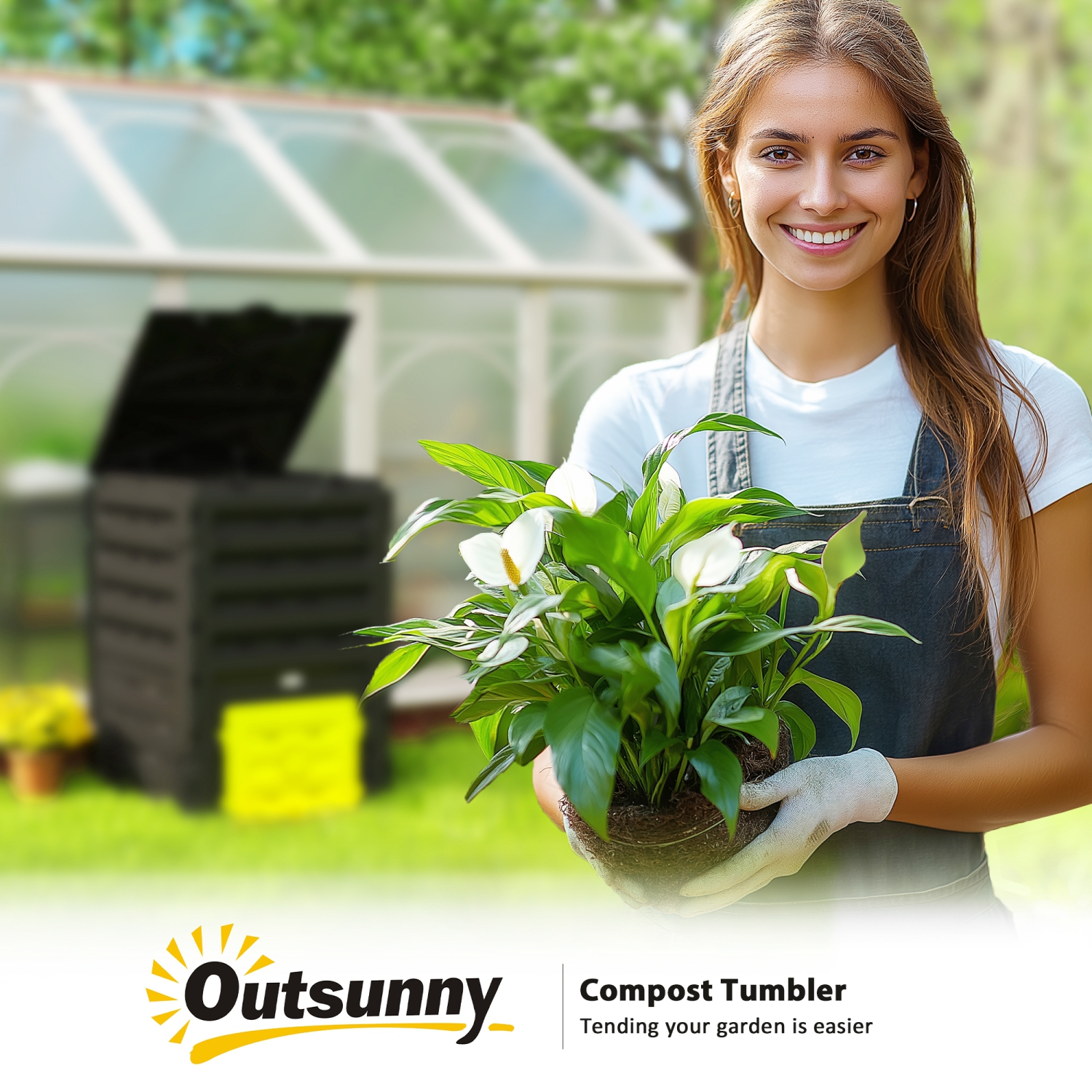 Outsunny Compost Bin, 120 Gallon Garden Composter with Gloves, 80 Vents and 2 Sliding Doors, Lightweight & Solid, Fast Creation of Fertile Soil,