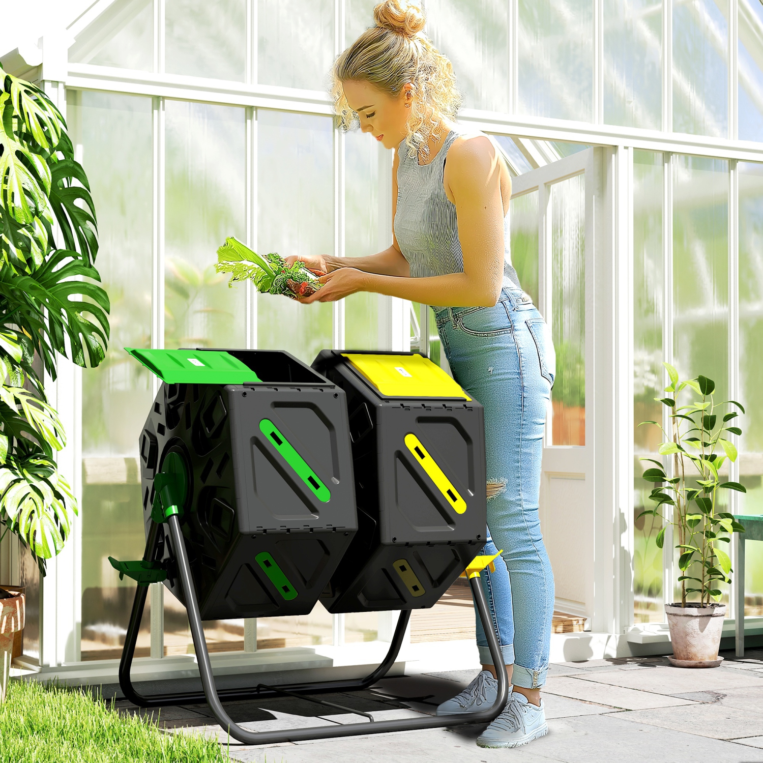 Outsunny 34.5 Gallon Dual Chamber Compost Bin, Rotating Composter, Compost Tumbler with 24 Ventilation Openings and Steel Legs, Yellow and Green