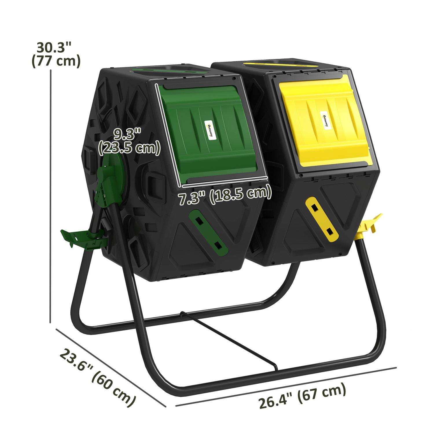 Outsunny 34.5 Gallon Dual Chamber Compost Bin, Rotating Composter, Compost Tumbler with 24 Ventilation Openings and Steel Legs, Yellow and Green