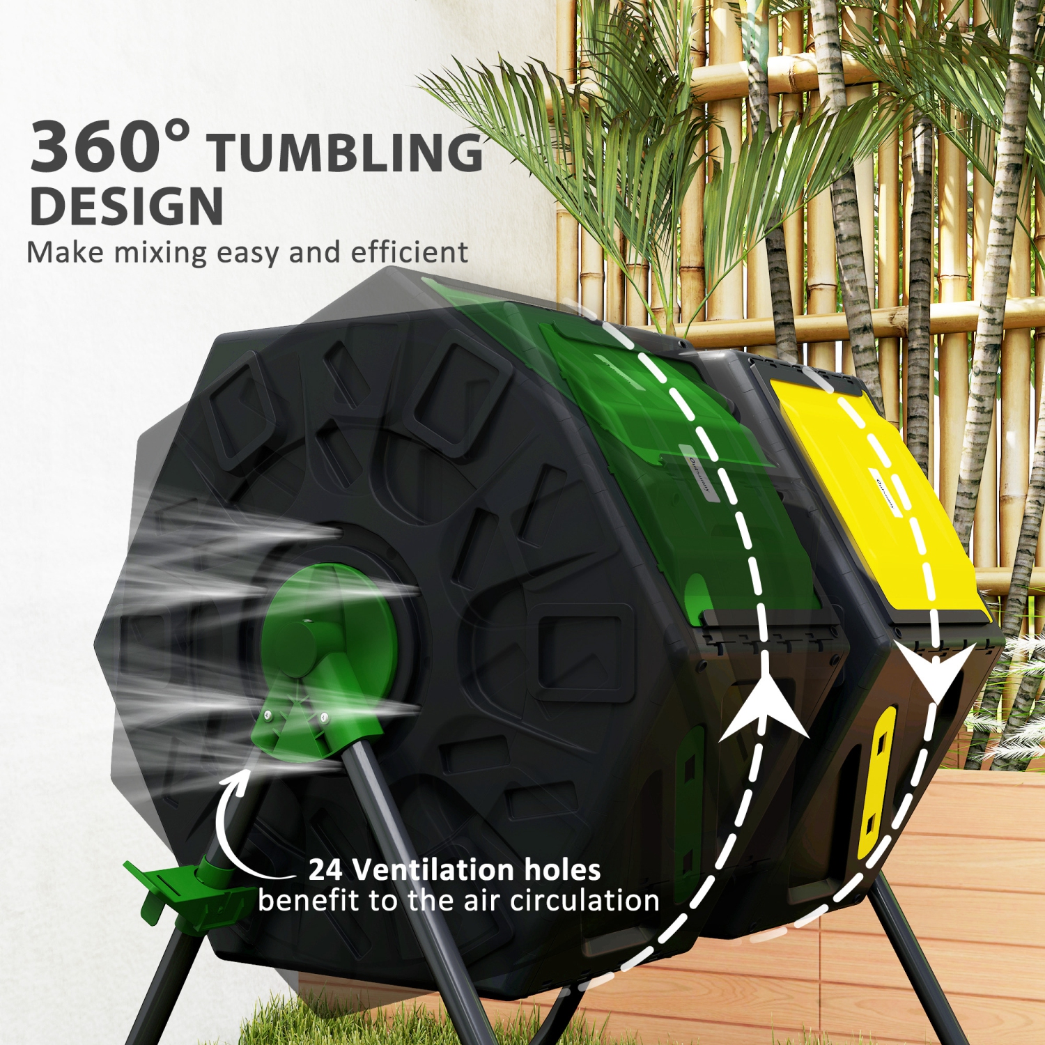 Outsunny 34.5 Gallon Dual Chamber Compost Bin, Rotating Composter, Compost Tumbler with 24 Ventilation Openings and Steel Legs, Yellow and Green