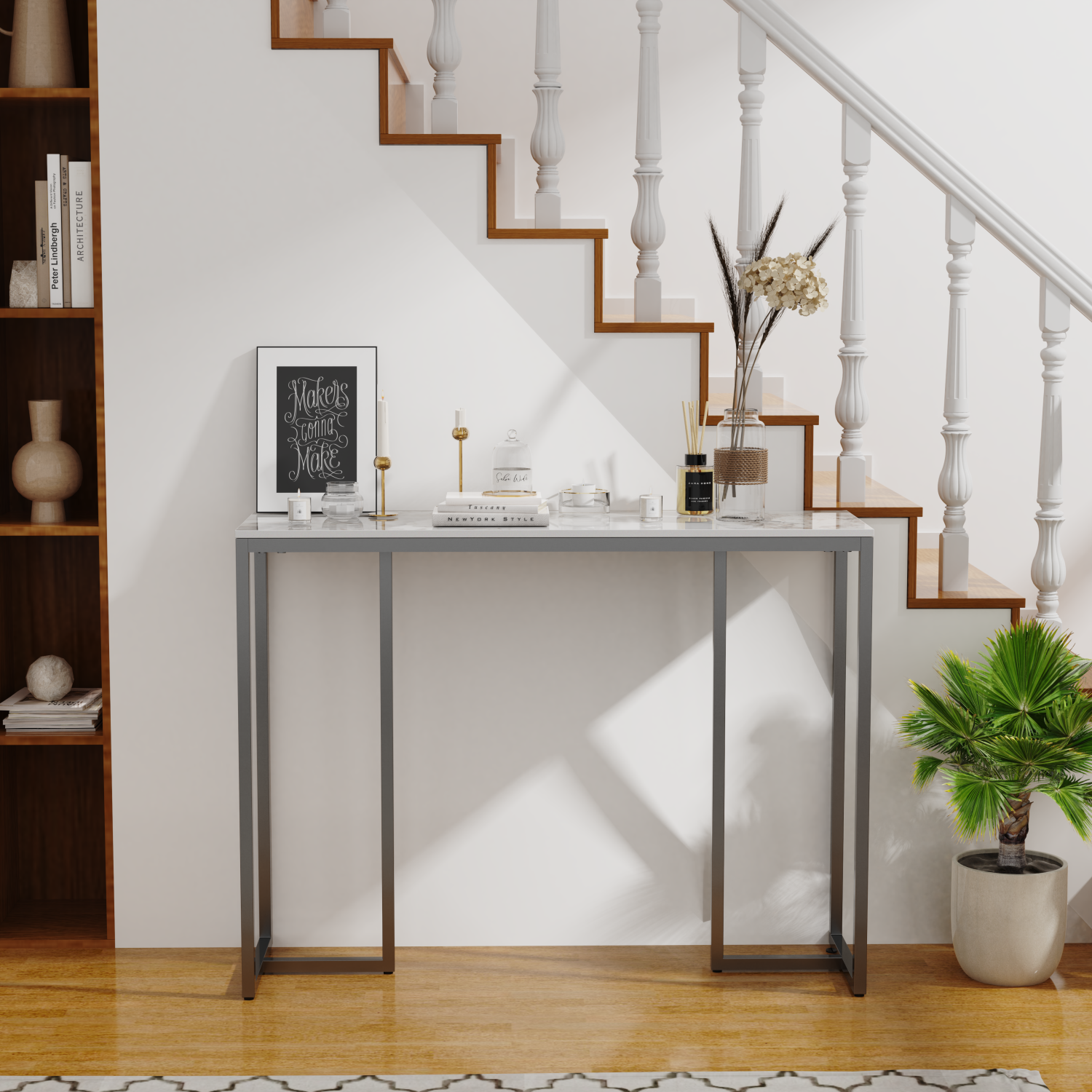 39.4 Inch Luxury Marble Console Table Elegant Modern Console Table Accent LongTable Home Furniture with Black Metal Legs for Living Room Entryway