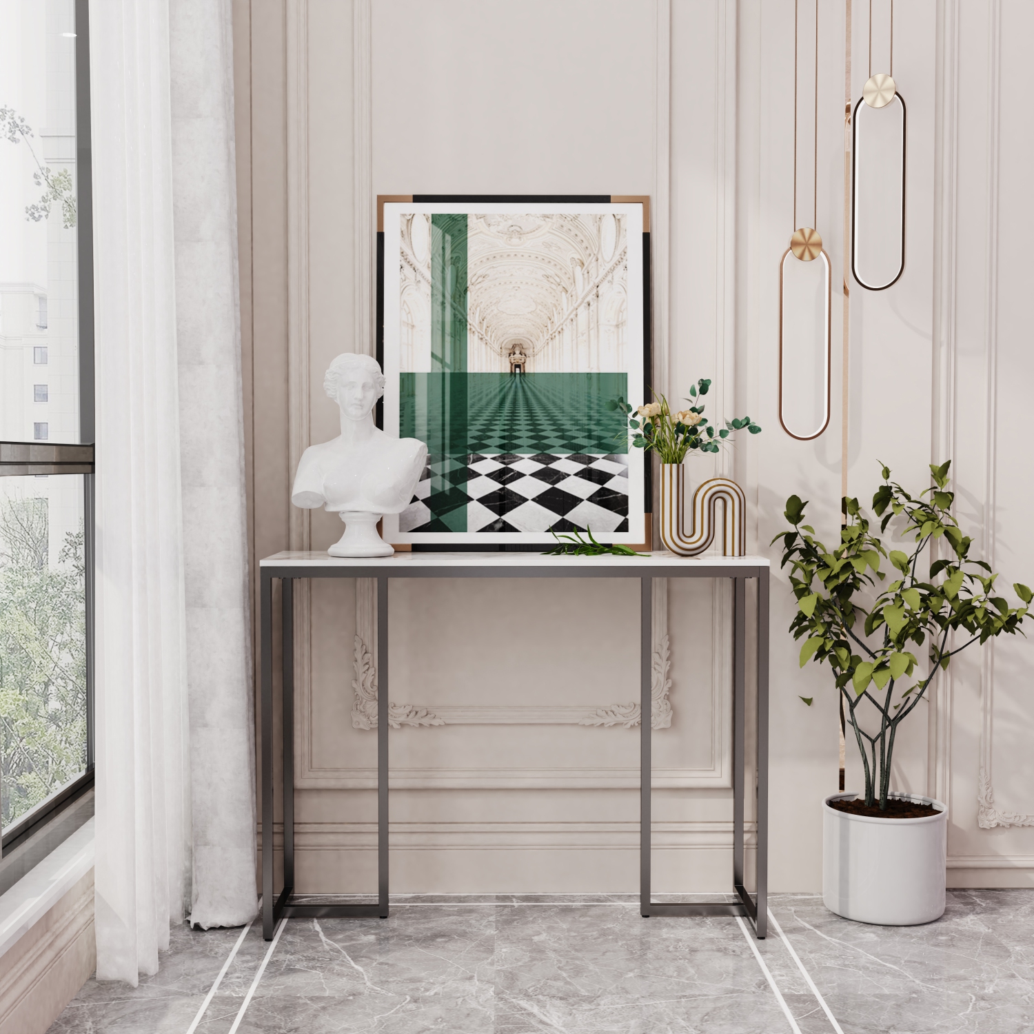 39.4 Inch Luxury Marble Console Table Elegant Modern Console Table Accent LongTable Home Furniture with Black Metal Legs for Living Room Entryway