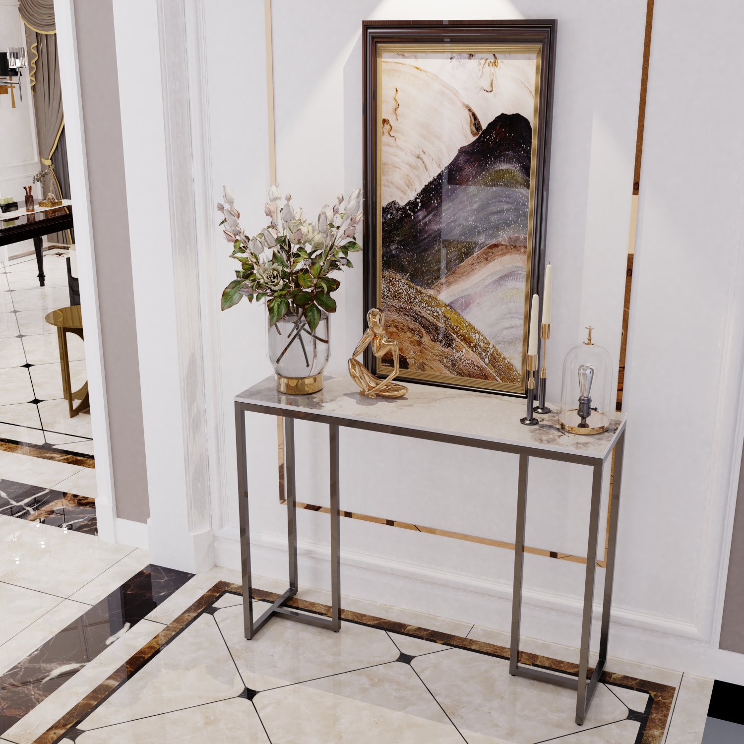 39.4 Inch Luxury Marble Console Table Elegant Modern Console Table Accent LongTable Home Furniture with Black Metal Legs for Living Room Entryway