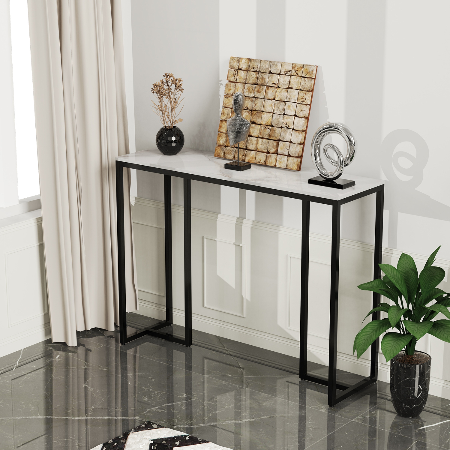 39.4 Inch Luxury Marble Console Table Elegant Modern Console Table Accent LongTable Home Furniture with Black Metal Legs for Living Room Entryway