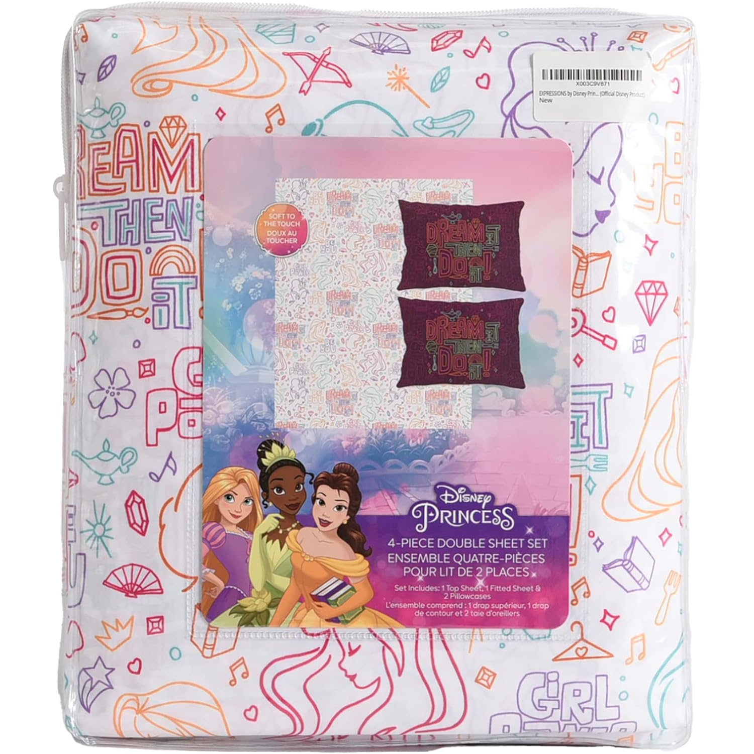 Ensemble de draps 4 pièces pour enfants Princesses de Disney – Drap plat, drap-housse et 2 taies d'oreiller