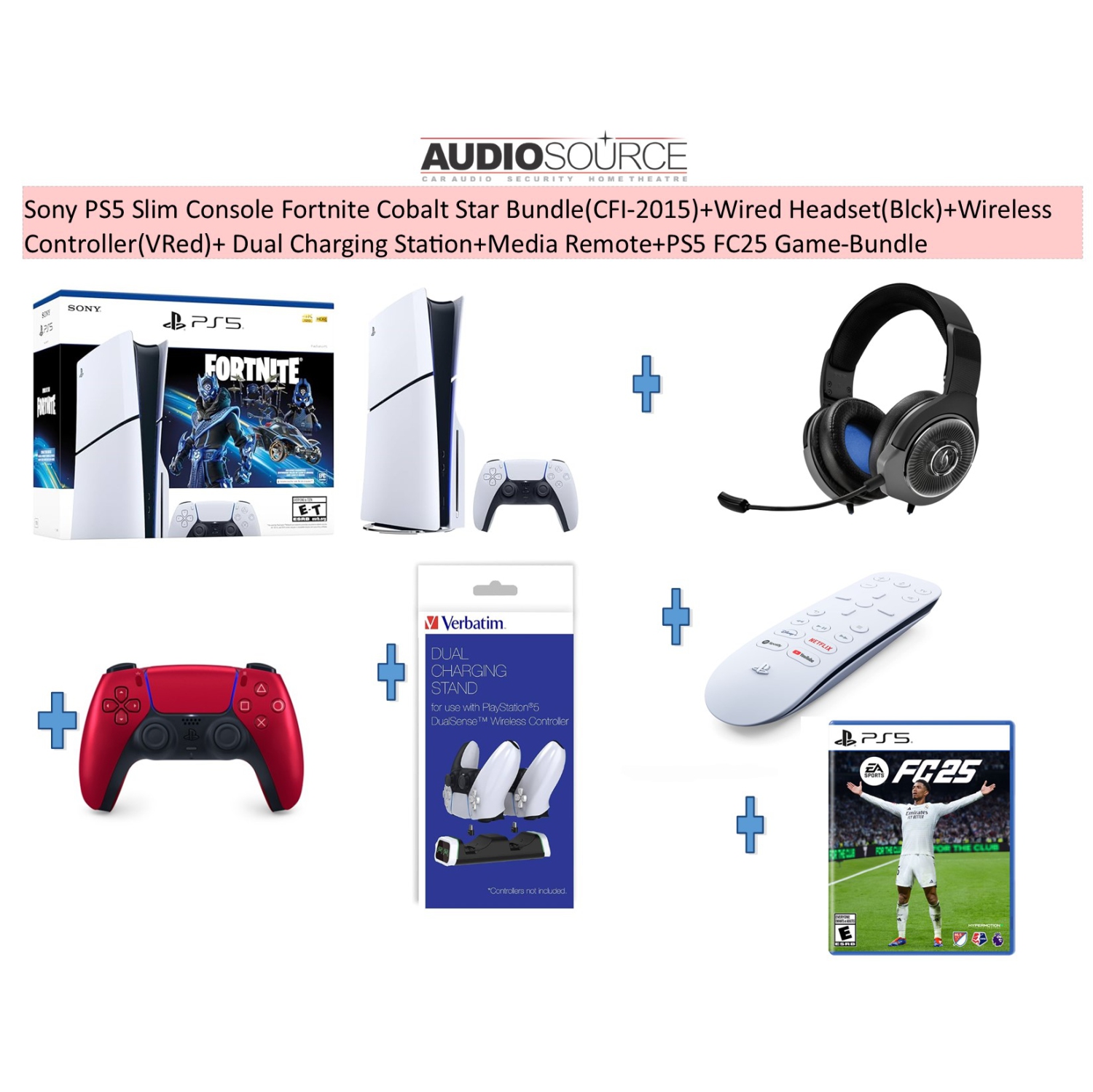 Sony PS5 Slim Console Fortnite Cobalt Star Bundle(CFI-2015)+Wired Headset(Blck)+Wireless Controller(VRed)+ Dual Charging Station+Media Remote+PS5 FC25 Game-Bundle