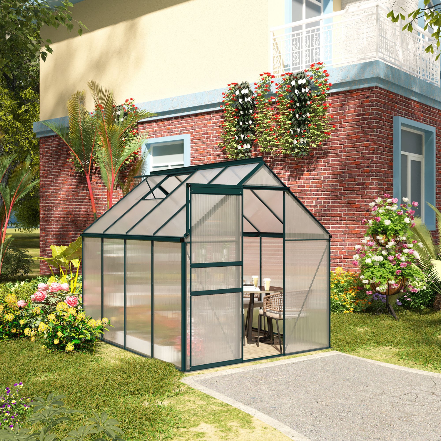 Greenhouse en polycarbonate Outsunny, 6 x 8 x 6,5 pi, maison verte avec évent de toit réglable, base galvanisée, porte coulissante pour jardin