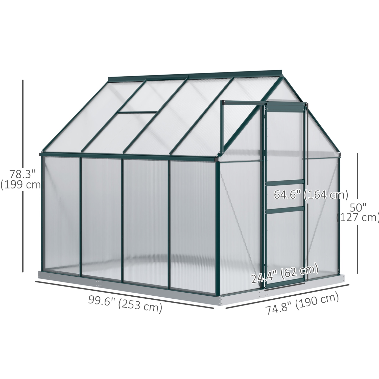 Greenhouse en polycarbonate Outsunny, 6 x 8 x 6,5 pi, maison verte avec évent de toit réglable, base galvanisée, porte coulissante pour jardin