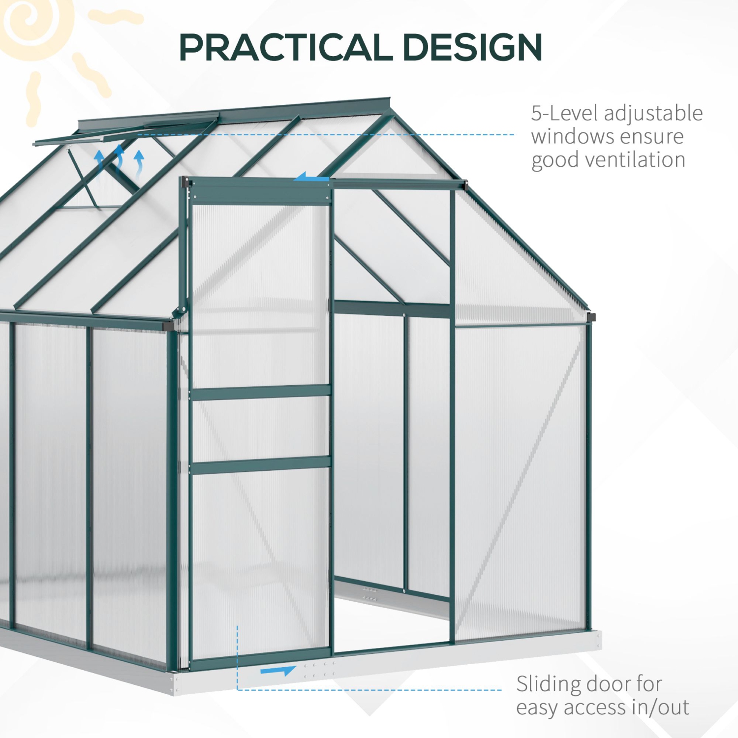 Greenhouse en polycarbonate Outsunny, 6 x 8 x 6,5 pi, maison verte avec évent de toit réglable, base galvanisée, porte coulissante pour jardin