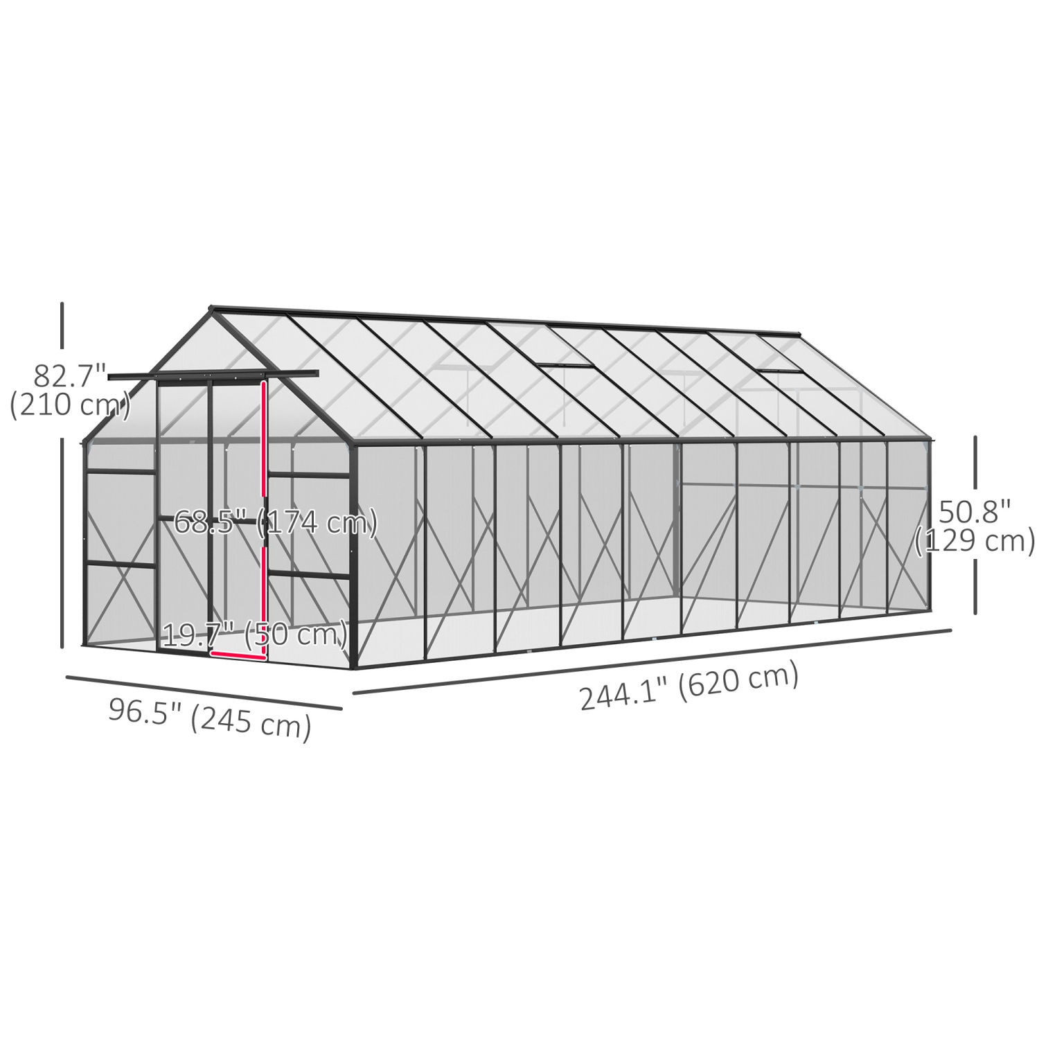 Outsunny 20' x 8' Aluminum Polycarbonate Greenhouse Walk-in Garden Greenhouse Kit with Adjustable Roof Vent, Rain Gutter and Sliding Door for Winter,