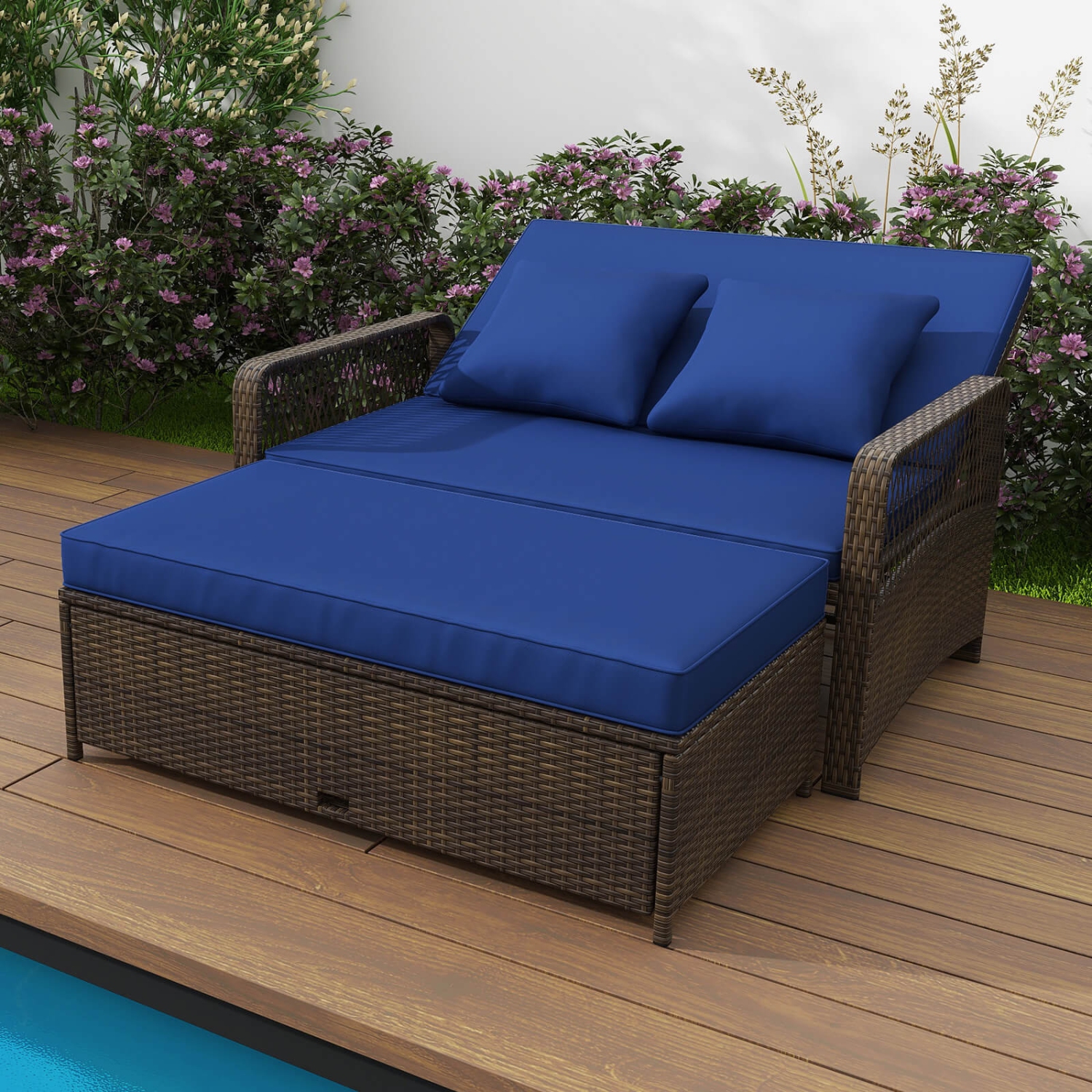 Costway Patio Rattan Daybed Wicker Loveseat Sofa with Multifunctional Ottoman