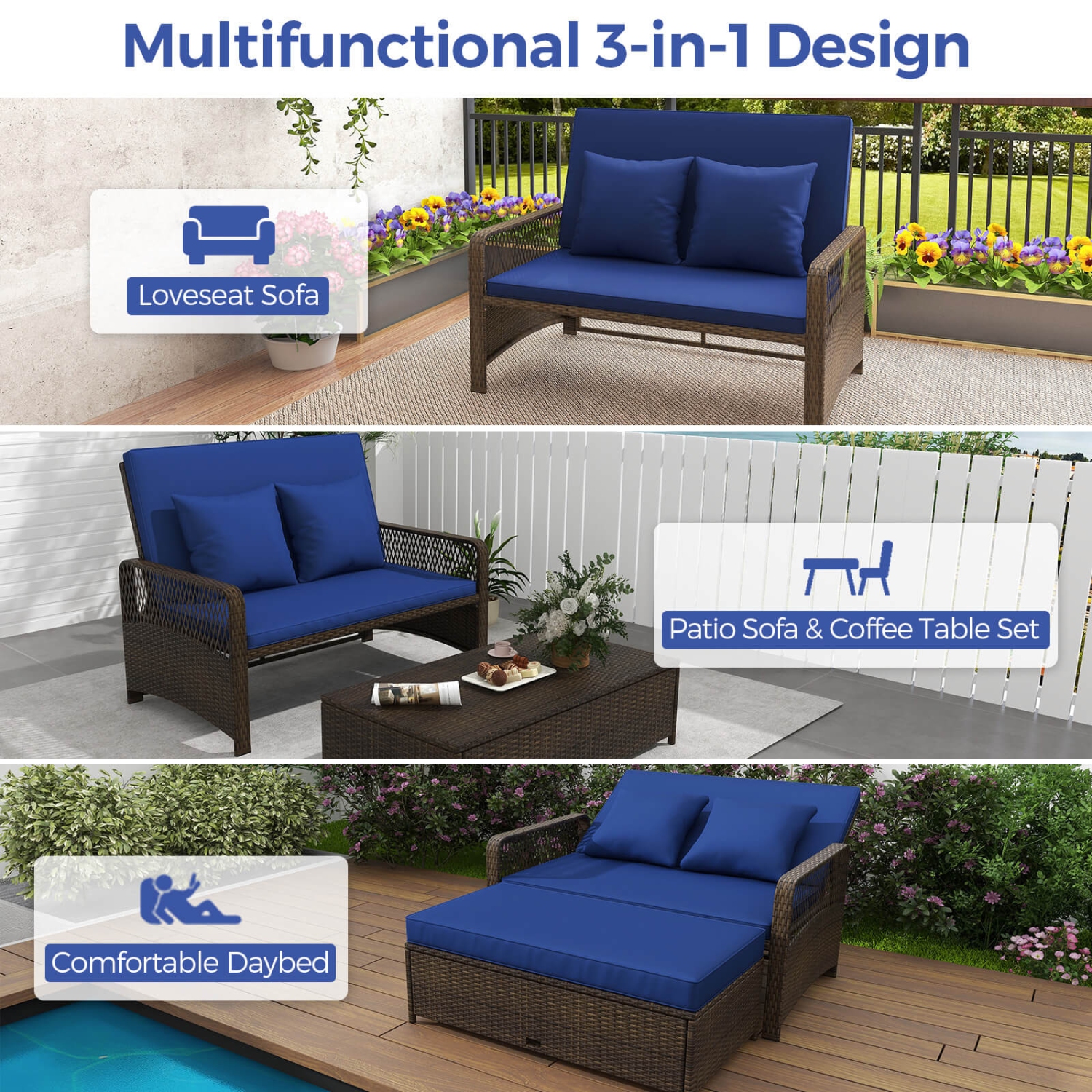 Costway Patio Rattan Daybed Wicker Loveseat Sofa with Multifunctional Ottoman