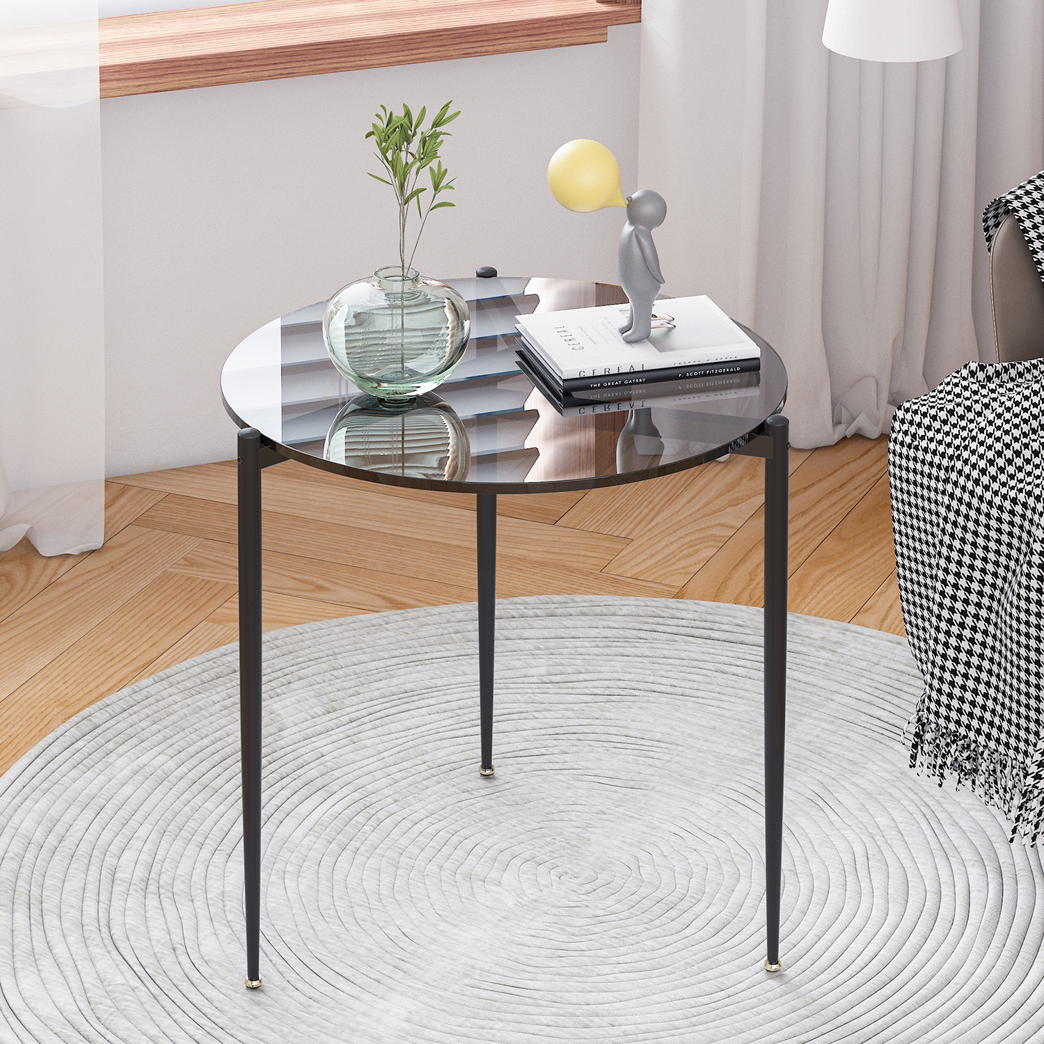 Modern Glass Coffee Table:Round Sofa Side Table Tempered Glass Top Decorative Center Table with Black Metal Legs Stand for Living Room Apartment