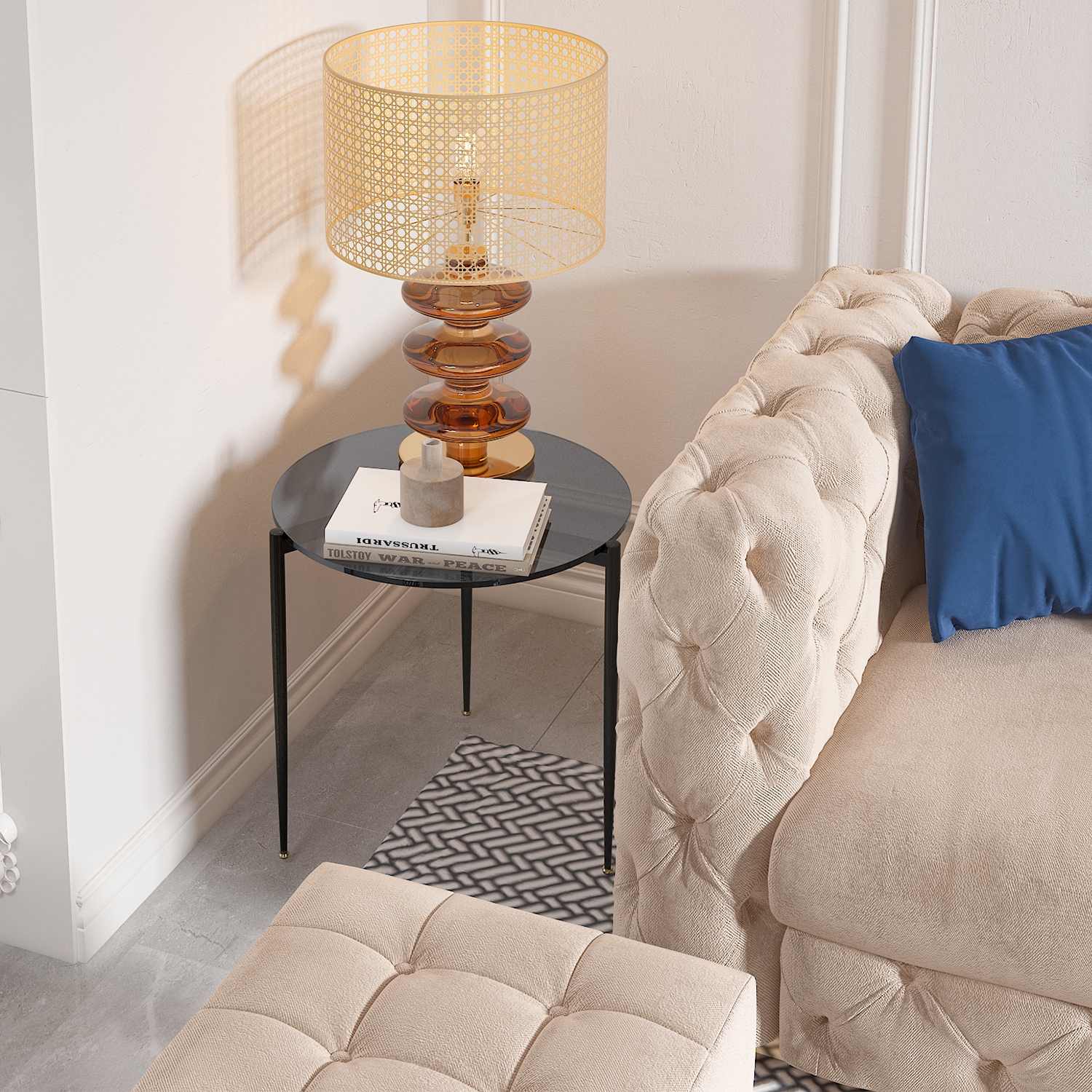 Modern Glass Coffee Table:Round Sofa Side Table Tempered Glass Top Decorative Center Table with Black Metal Legs Stand for Living Room Apartment