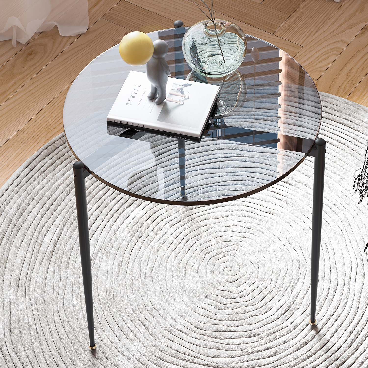 Modern Glass Coffee Table:Round Sofa Side Table Tempered Glass Top Decorative Center Table with Black Metal Legs Stand for Living Room Apartment