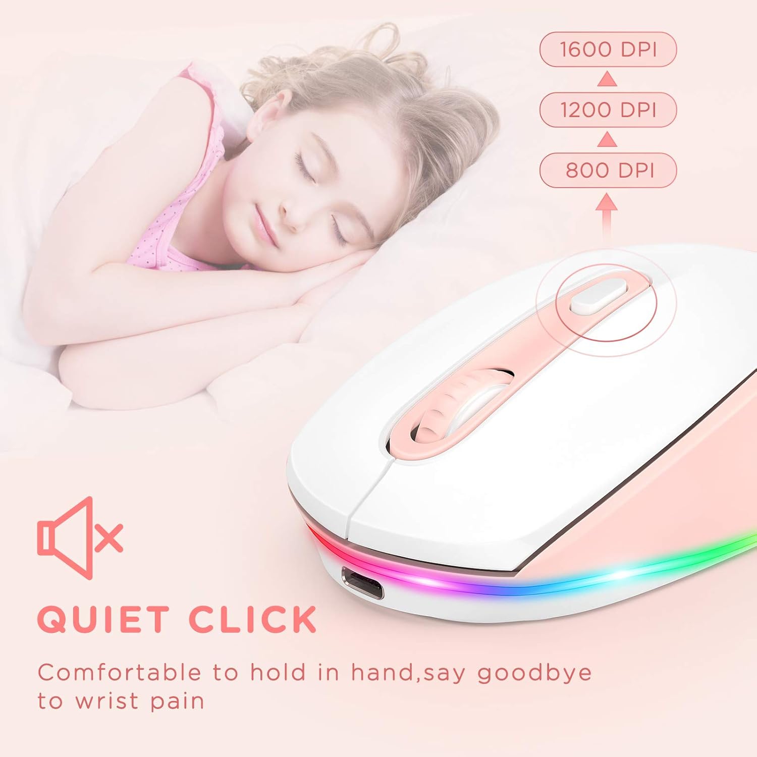 Wireless Mouse, Rechargeable Light Up Mouse for Laptop, Small Cordless Mice with Quiet Click LED Rainbow Lights for PC Computer Kids Chromebook