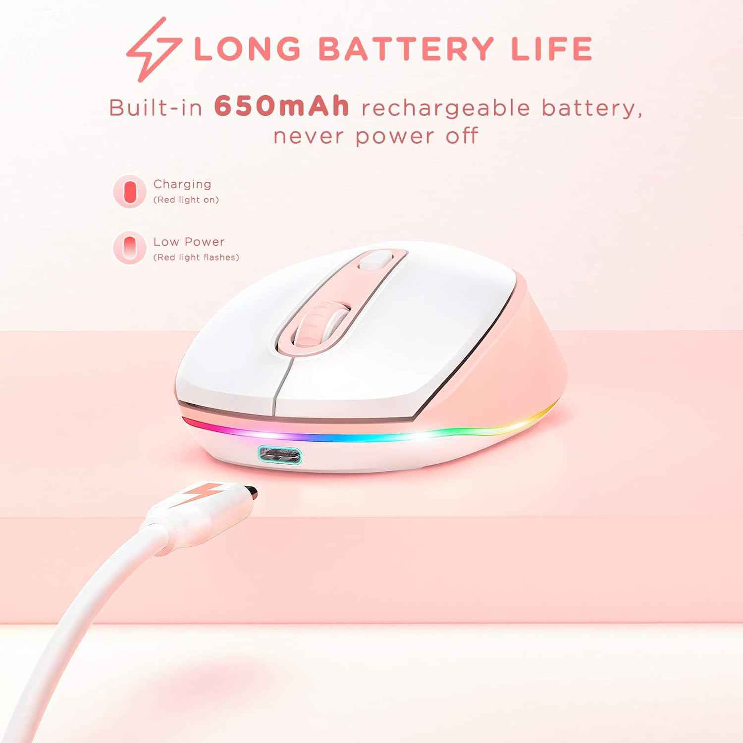 Wireless Mouse, Rechargeable Light Up Mouse for Laptop, Small Cordless Mice with Quiet Click LED Rainbow Lights for PC Computer Kids Chromebook