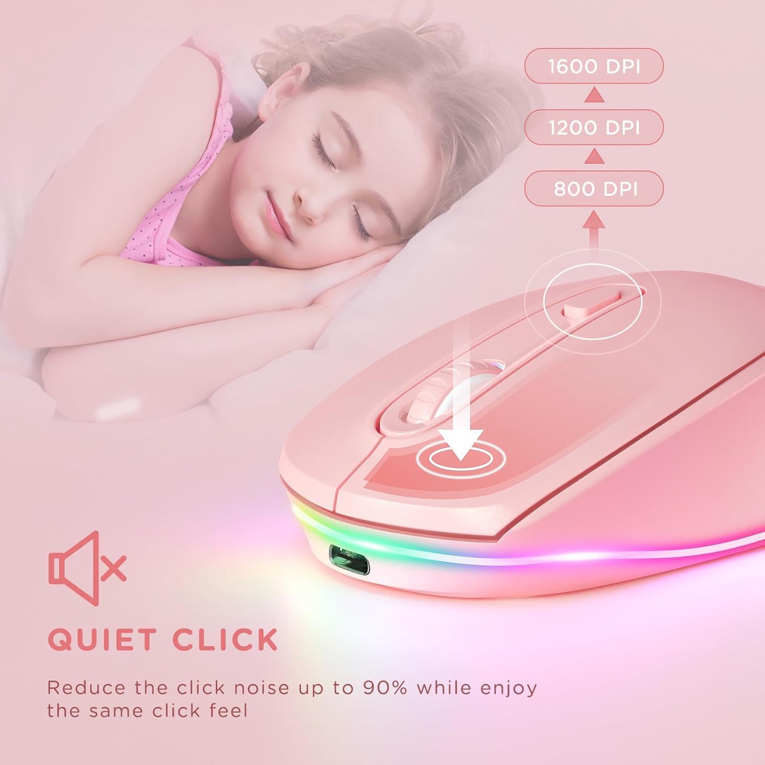 Wireless Mouse, Rechargeable Light Up Mouse for Laptop, Small Cordless Mice with Quiet Click LED Rainbow Lights for PC Computer Kids Chromebook