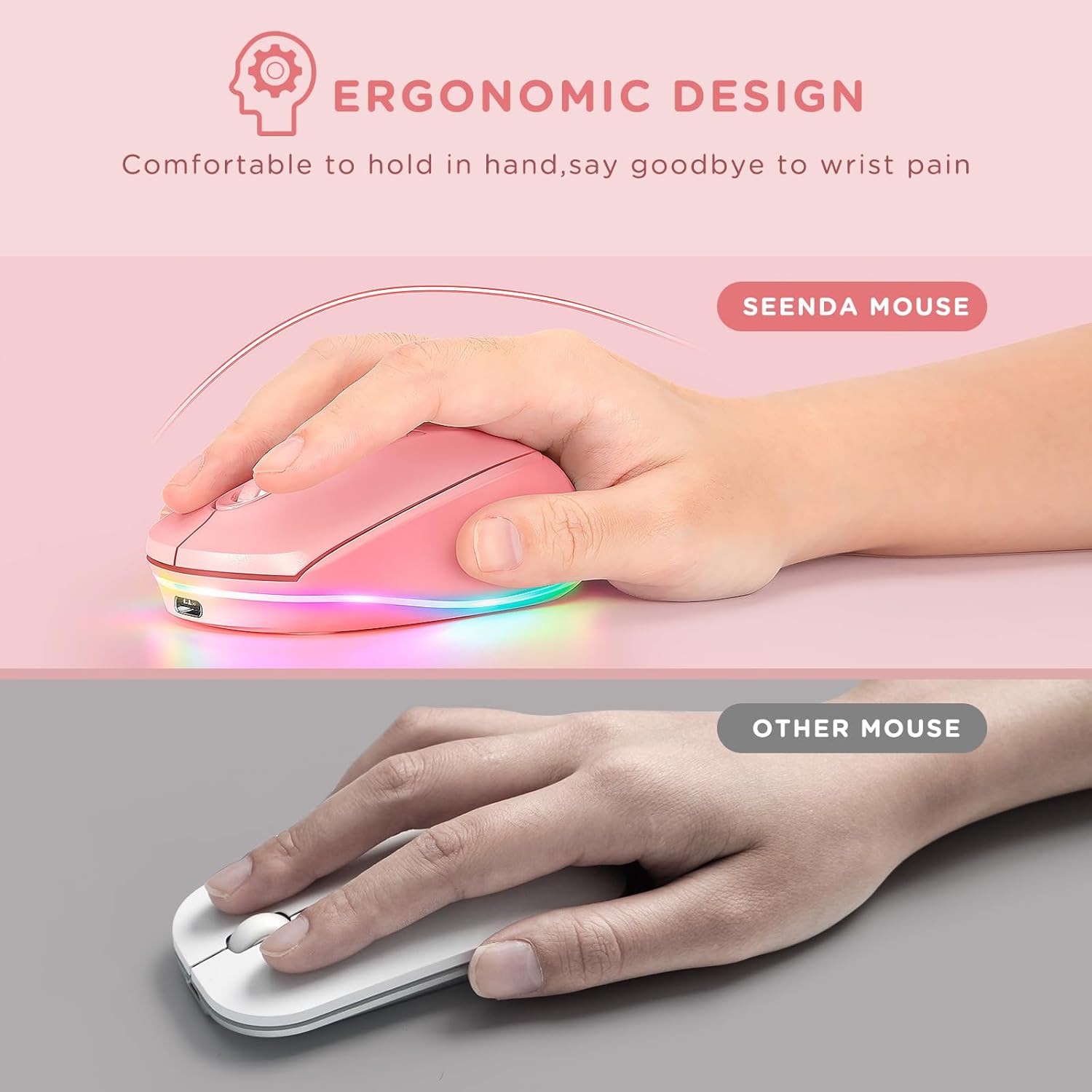 Wireless Mouse, Rechargeable Light Up Mouse for Laptop, Small Cordless Mice with Quiet Click LED Rainbow Lights for PC Computer Kids Chromebook