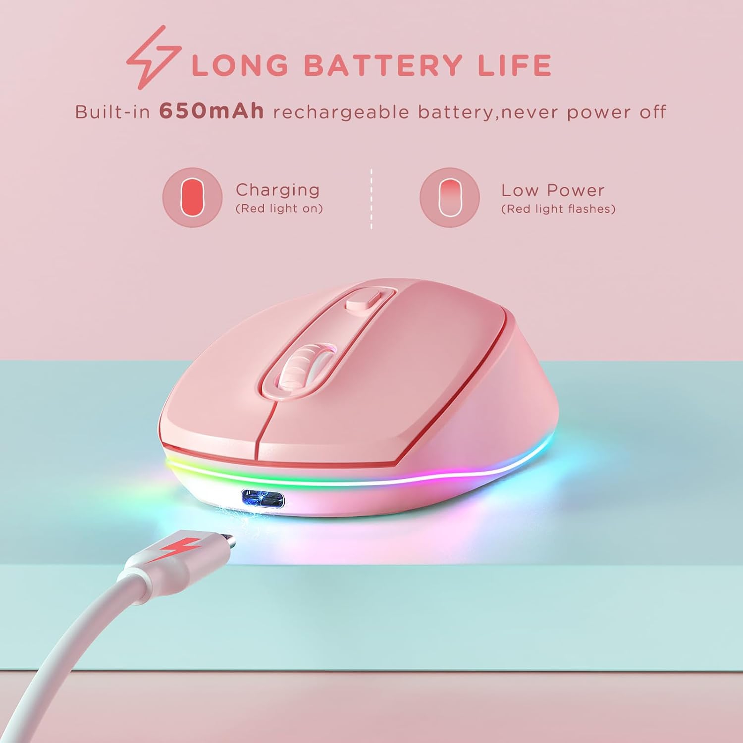 Wireless Mouse, Rechargeable Light Up Mouse for Laptop, Small Cordless Mice with Quiet Click LED Rainbow Lights for PC Computer Kids Chromebook