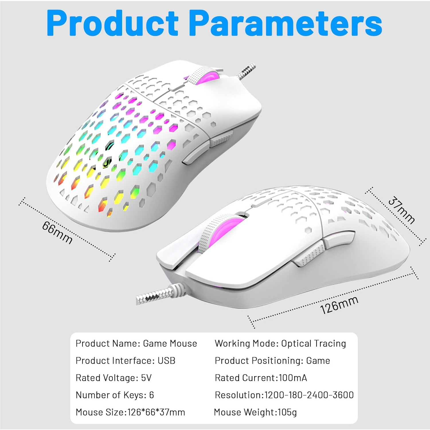 Gaming Mouse Wired, Lightweight RGB Gaming Mouse, 4 Adjustable DPI Up to 3600, 6 Programmable Buttons, Ergonomic Computer Mouse for