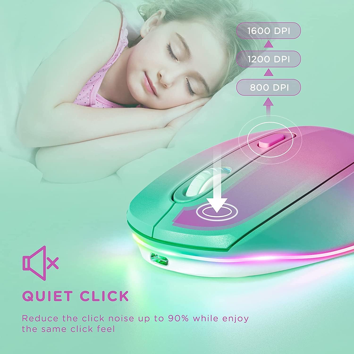 Wireless Mouse, Rechargeable Light Up Mouse for Laptop, Small Cordless Mice with Quiet Click LED Rainbow Lights for PC Computer Kids Chromebook
