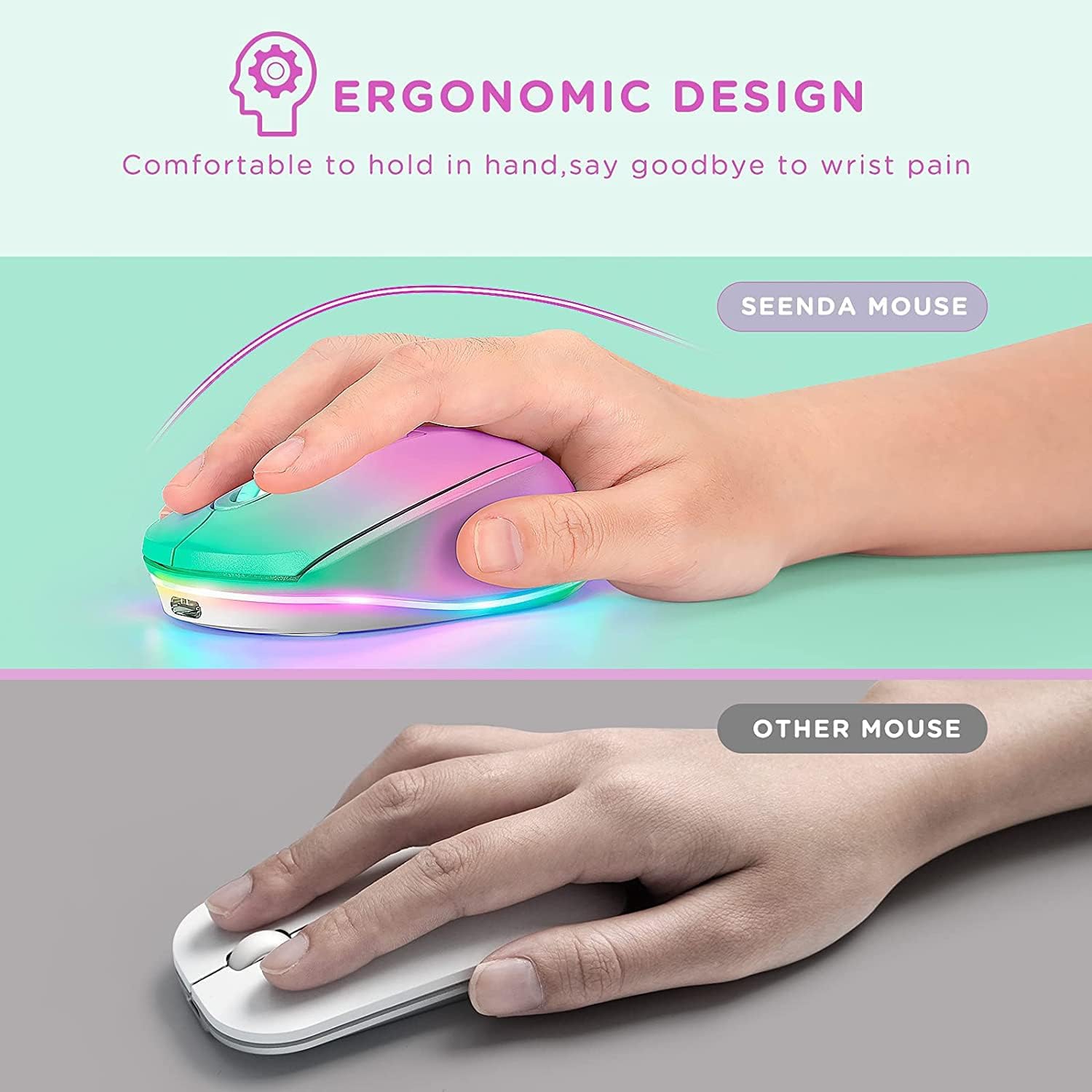 Wireless Mouse, Rechargeable Light Up Mouse for Laptop, Small Cordless Mice with Quiet Click LED Rainbow Lights for PC Computer Kids Chromebook