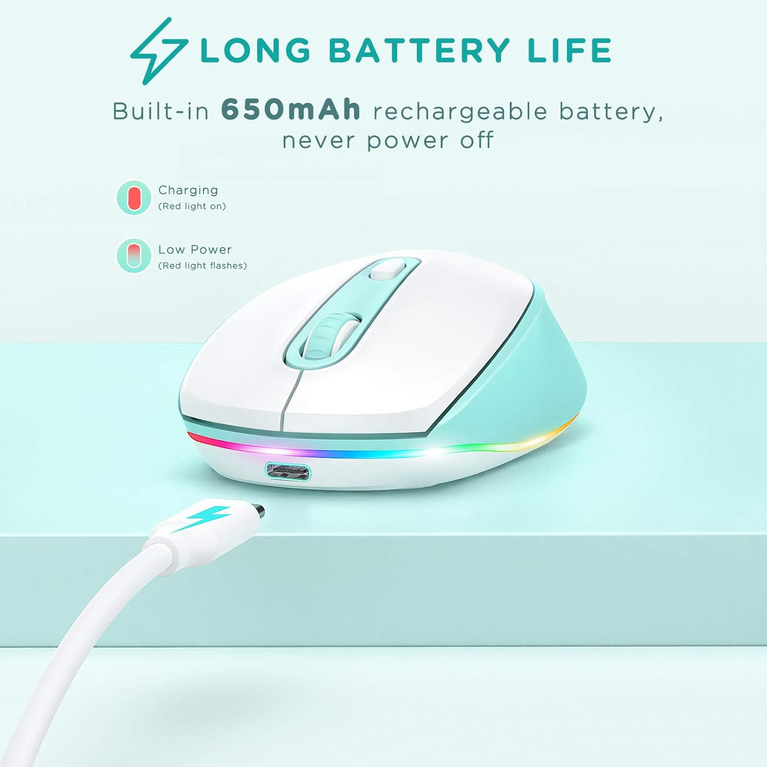 Wireless Mouse, Rechargeable Light Up Mouse for Laptop, Small Cordless Mice with Quiet Click LED Rainbow Lights for PC Computer Kids Chromebook