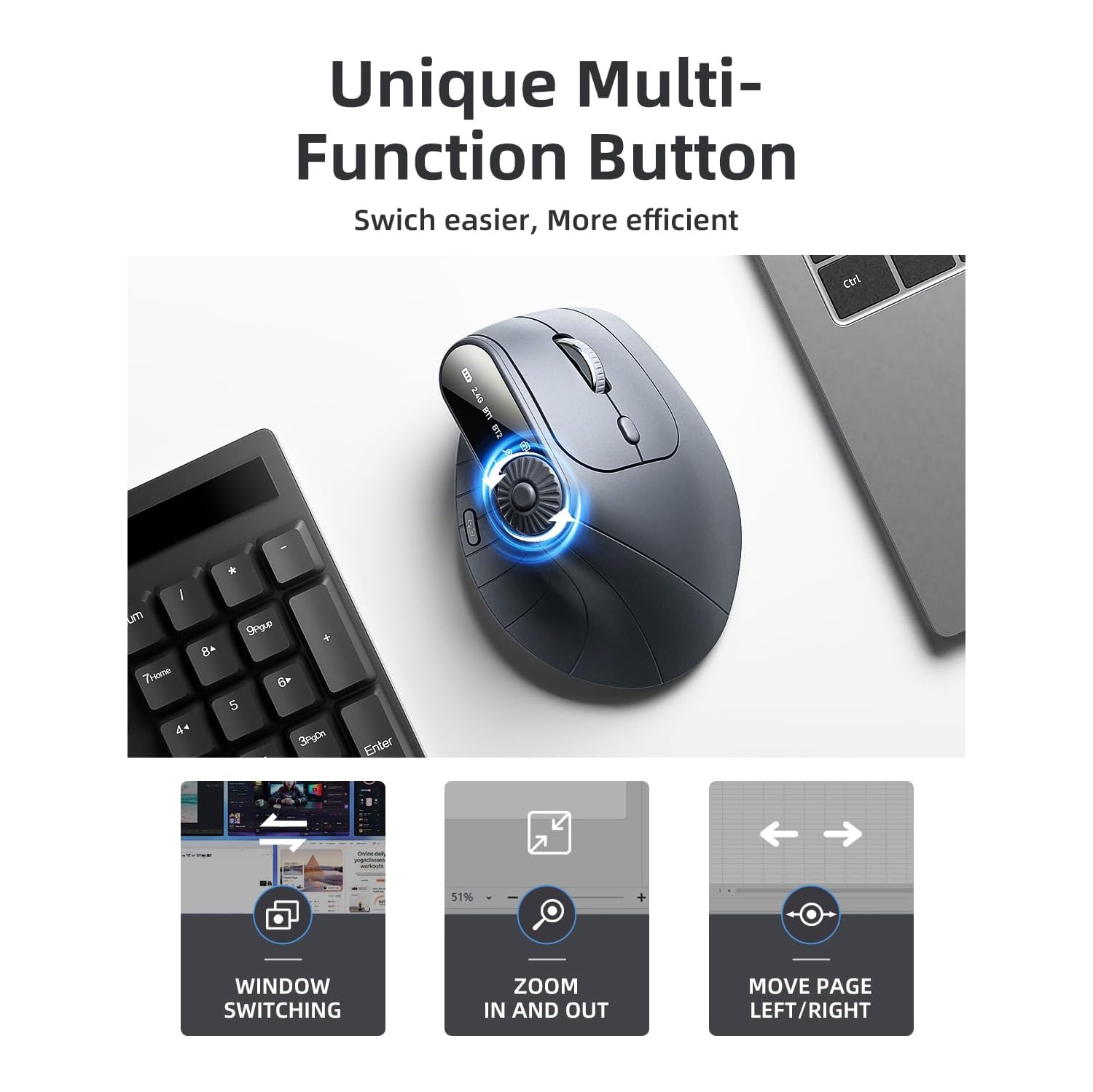 Ergonomic Vertical Mouse, Wireless Optical Bluetooth Mouse - Dual Mode Connectivity BT5.0+BT5.0+2.4GHz Up to 3 Devices, Adjustable DPI & 8 Function
