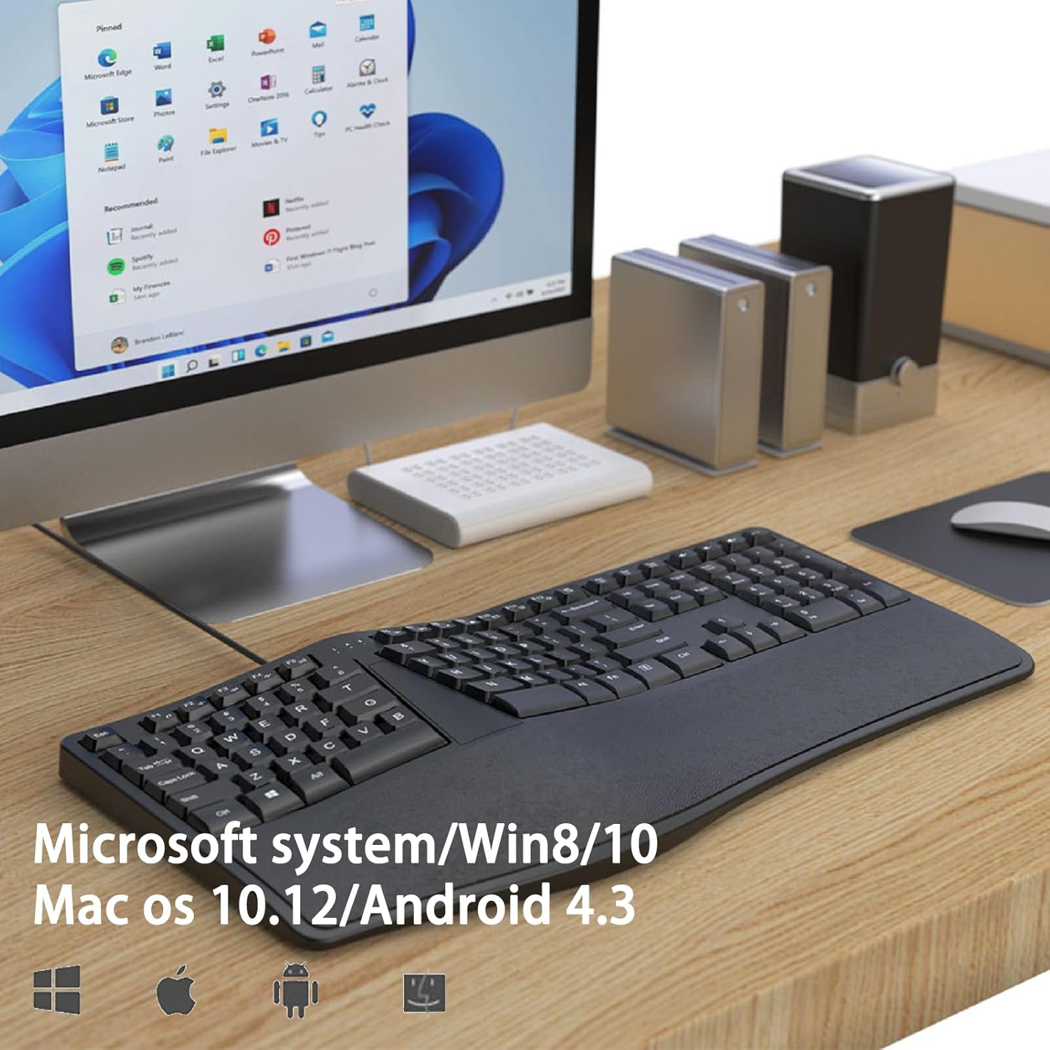 Clavier avec fil incurvé, clavier ergonomique avec fil K9, clavier à ...