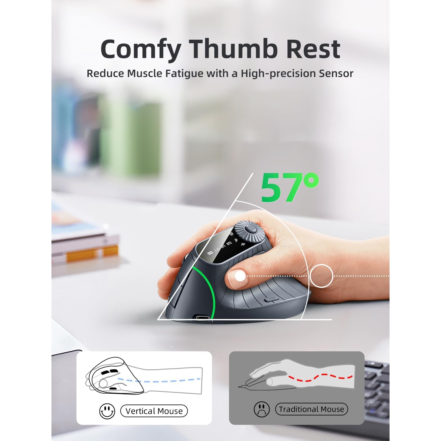 Ergonomic Vertical Mouse, Wireless Optical Bluetooth Mouse - Dual Mode Connectivity BT5.0+BT5.0+2.4GHz Up to 3 Devices, Adjustable DPI & 8 Function