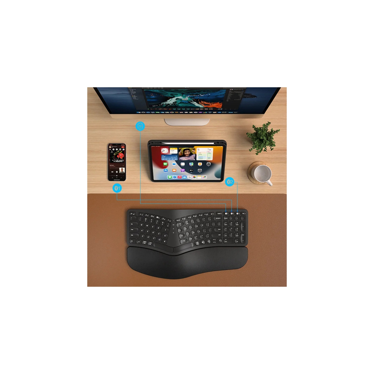 Backlit Wireless Ergonomic Keyboard Wireless Split Keyboard 2.4G Bluetooth Keyboard Set with Scissor Switch and Palm Rest