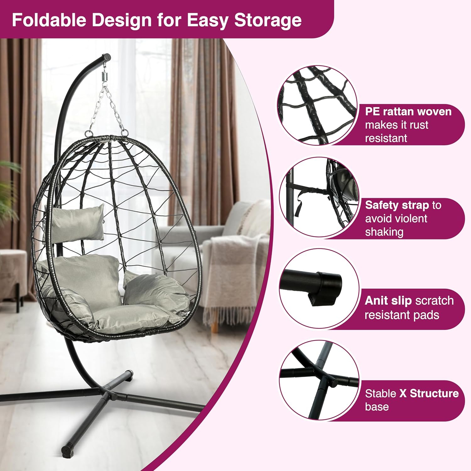 Premium Egg Chair Outdoor & Indoor - Hanging Egg Chair with Stand - Portable Egg Swing Chair with Waterproof & UV Resistant Cushions & Headrest,