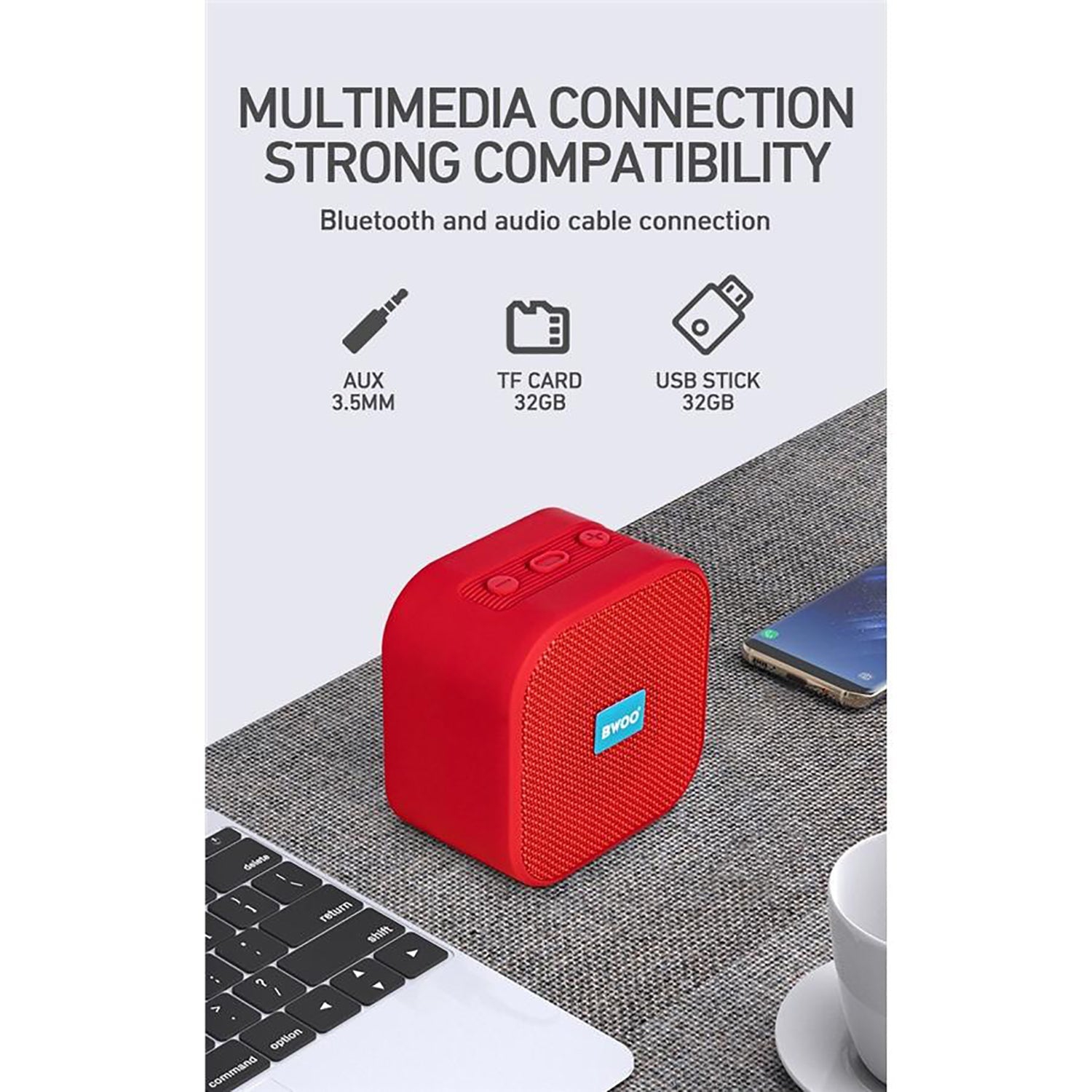 BWOO BS-54G - Portable Waterproof Bluetooth 5.0 Speaker with TF Card, AUX, USB, FM, Grey