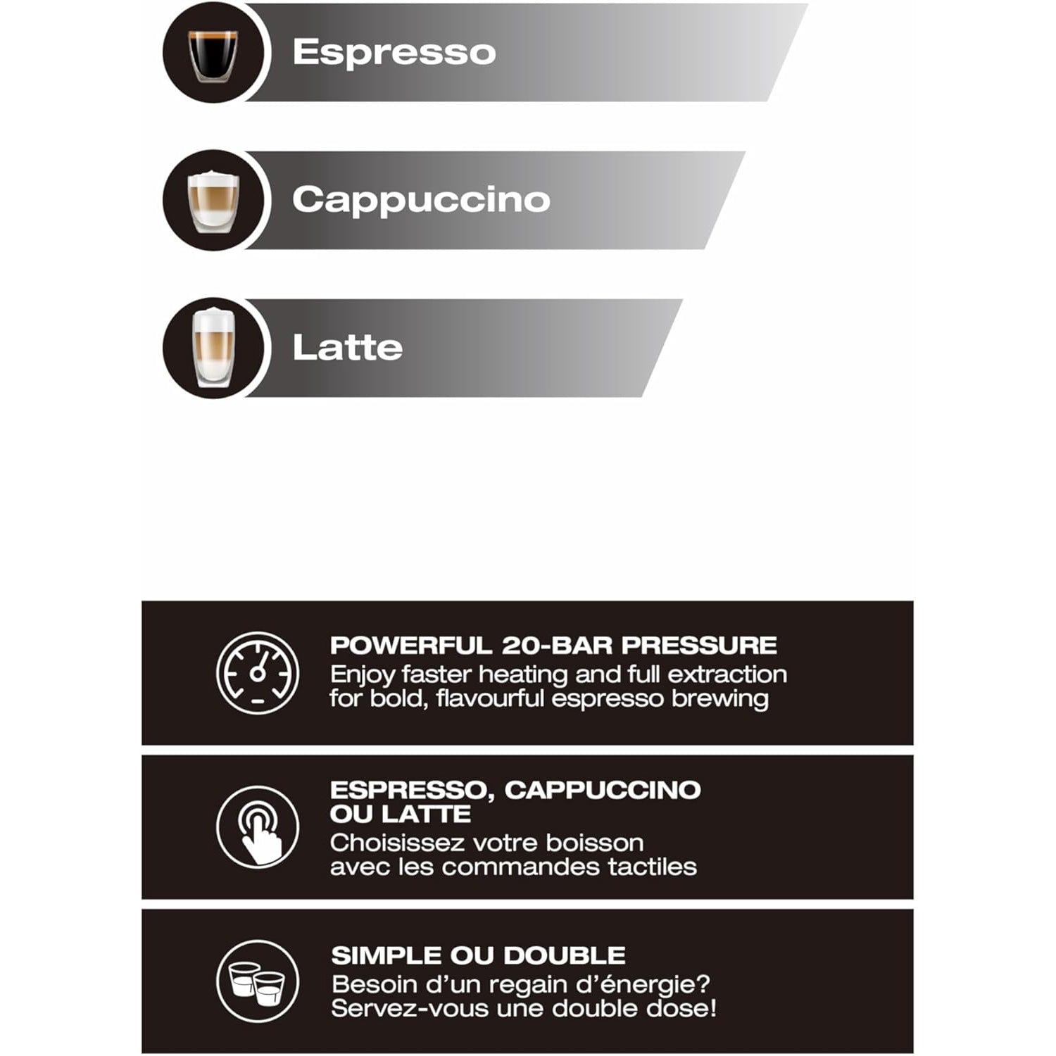 Salton – Machine à espresso 3-en-1 Barista+, contenant à lait amovible, acier inoxydable