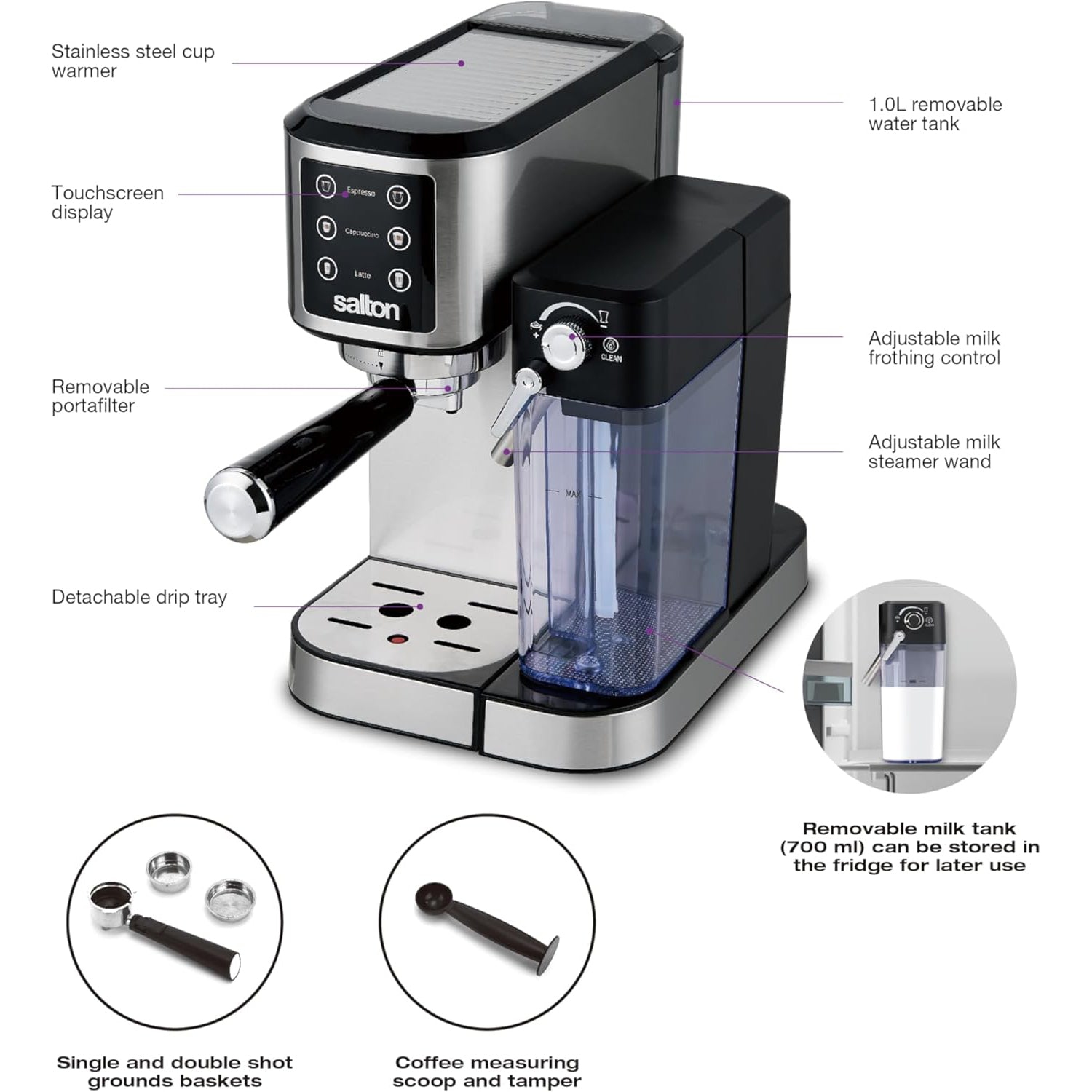 Salton – Machine à espresso 3-en-1 Barista+, contenant à lait amovible, acier inoxydable