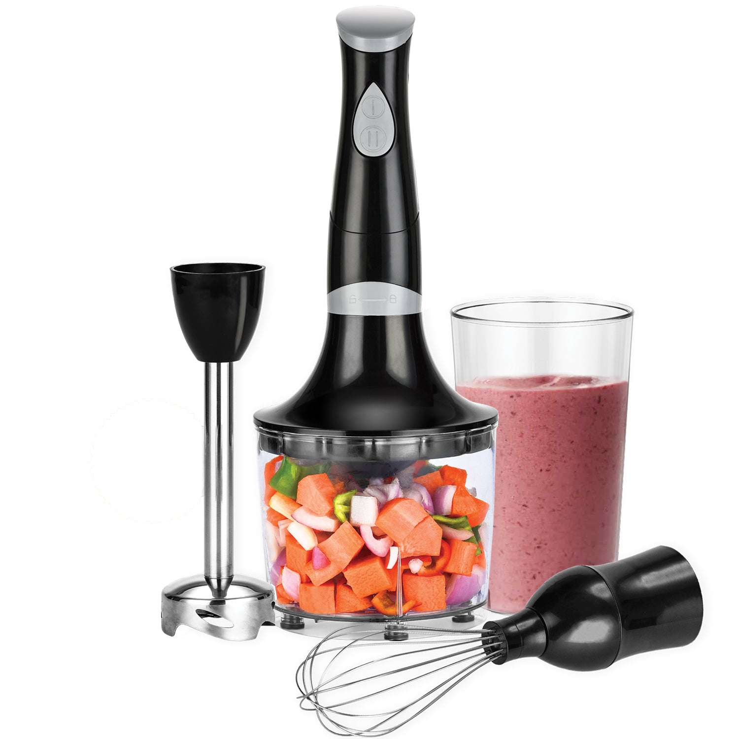 Hauz - 3 in 1 Immersion Blender with Chopper and Whisk, 2 Speeds, 150 Watts, Black