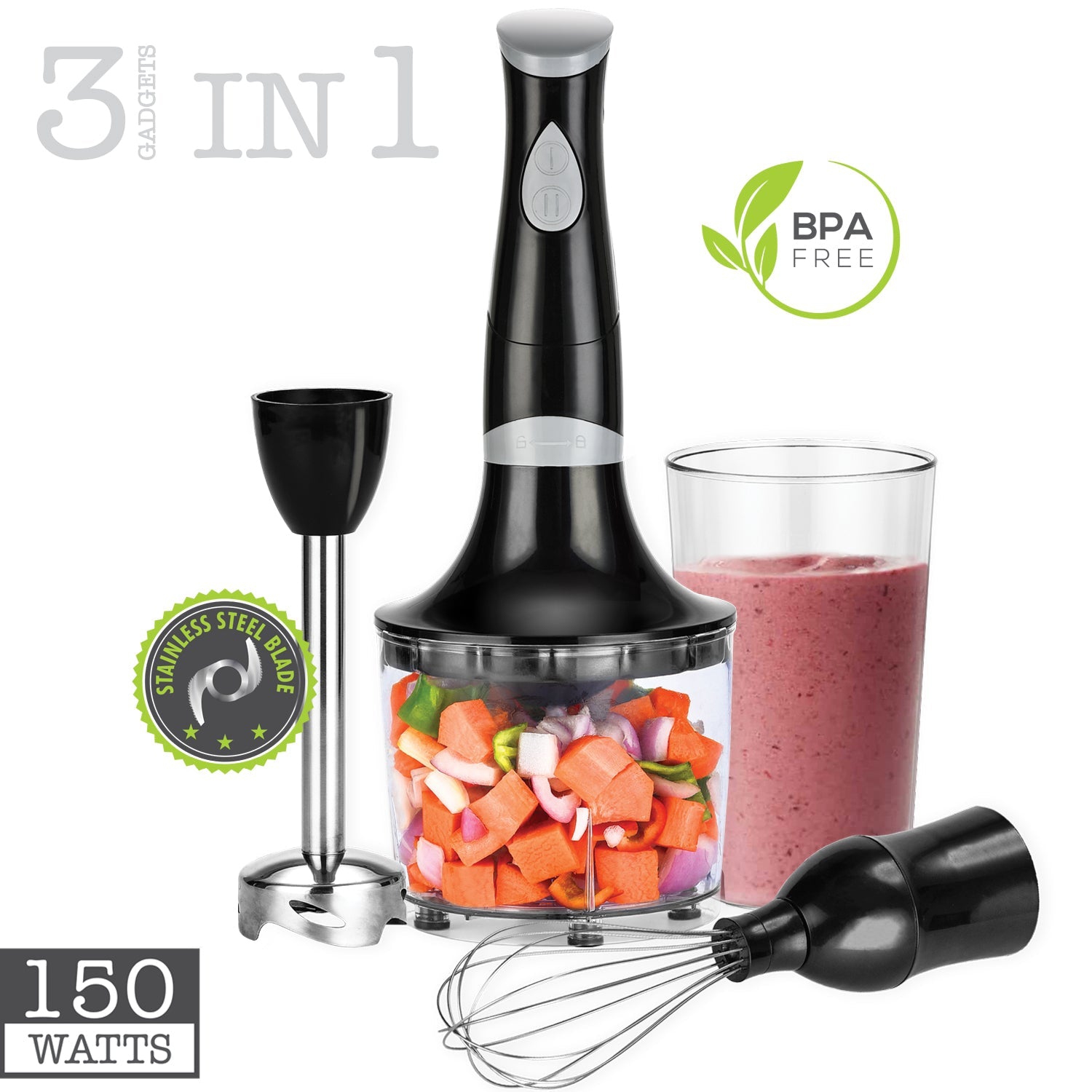 Hauz - 3 in 1 Immersion Blender with Chopper and Whisk, 2 Speeds, 150 Watts, Black