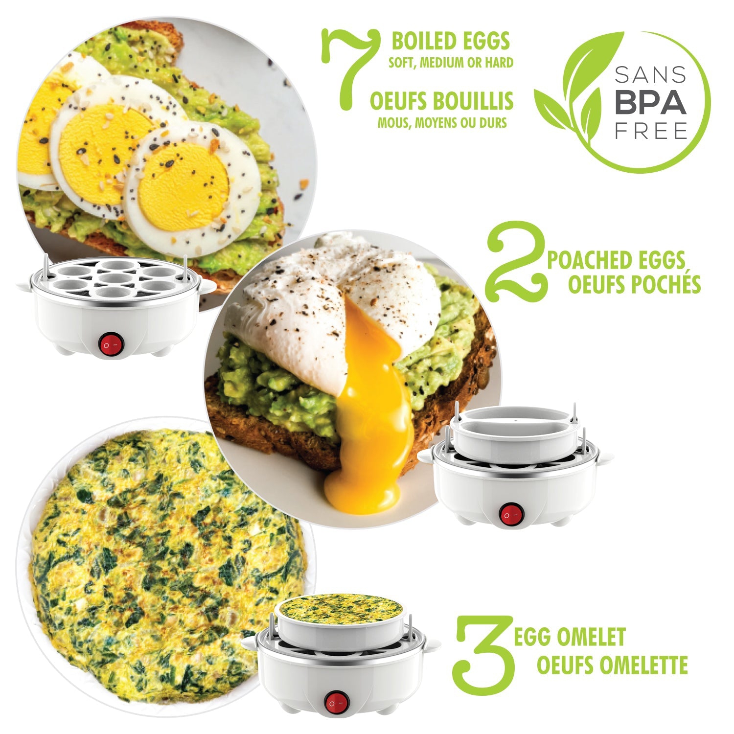 Hauz - 3 in 1 Egg Cooker, Boiled, Poached or Omelette, BPA Free, White