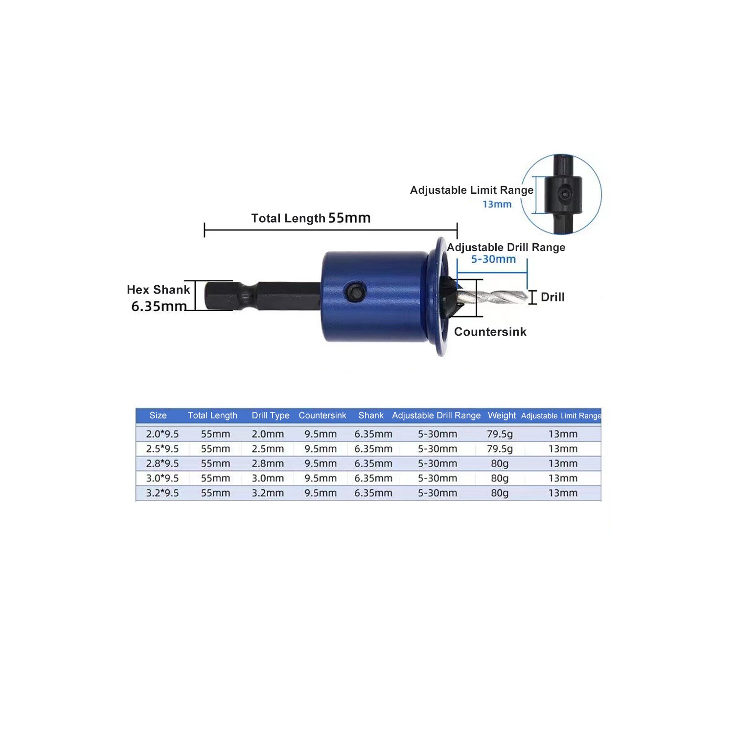 6.35mm 1/4 Inch Shank Countersink Drill Bit Woodworking Counterbore Hole Drill Bit Adjustable Depth Stop