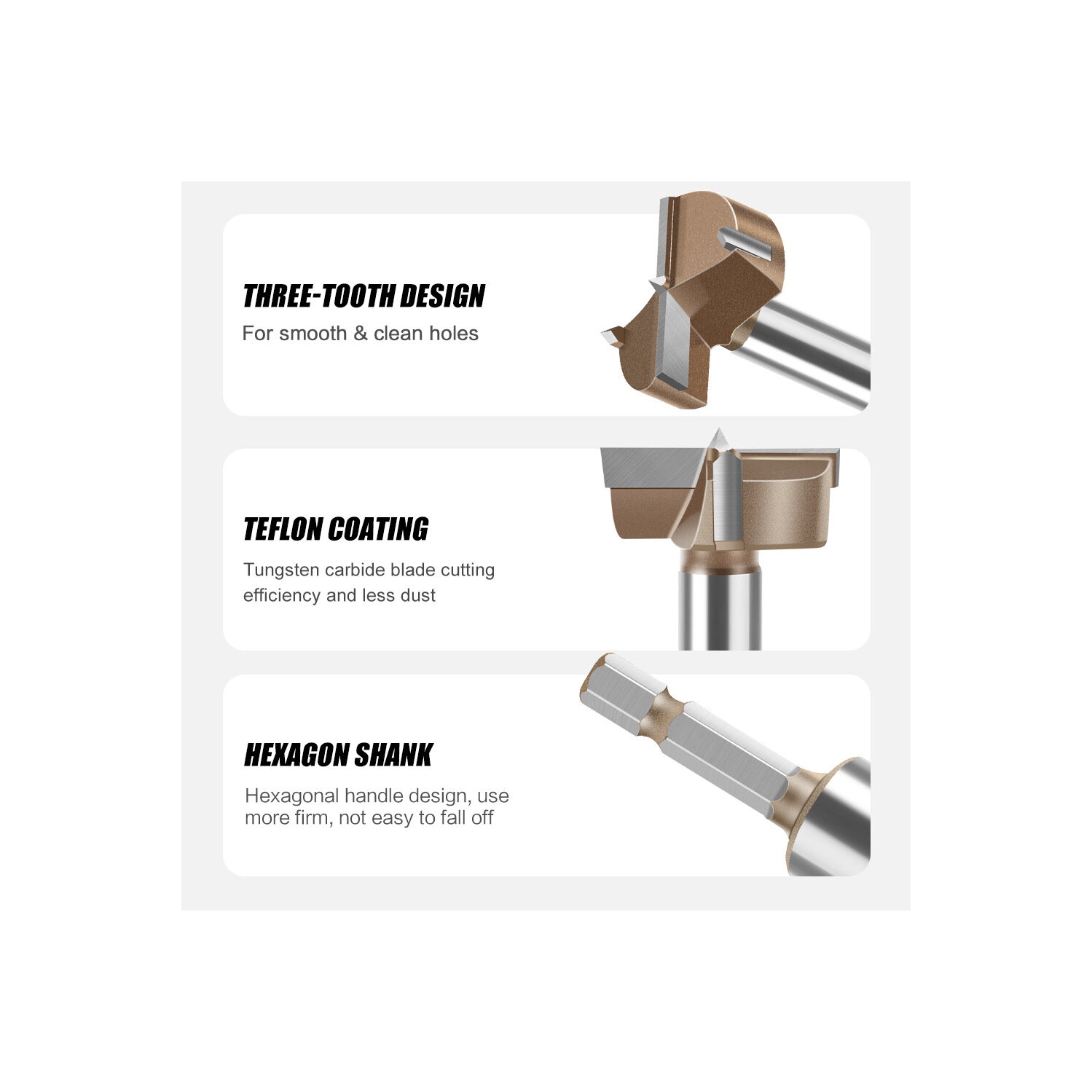 10&nbsp;mm to 50&nbsp;mm – Foret de bois professionnel à tige hexagonale à charnière de travail du bois, lame bordée en carbure de tungstène à trois