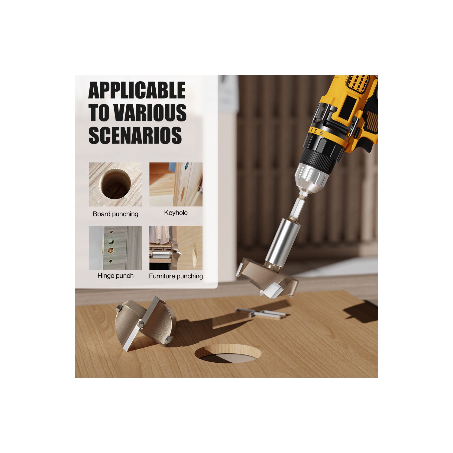 10&nbsp;mm to 50&nbsp;mm – Foret de bois professionnel à tige hexagonale à charnière de travail du bois, lame bordée en carbure de tungstène à trois